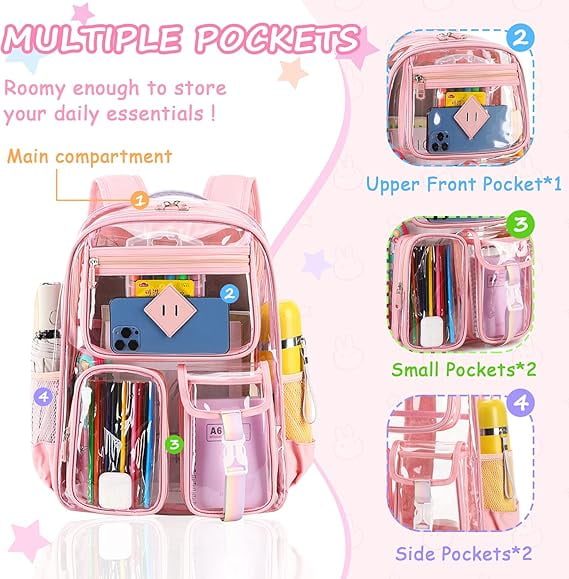EHIW Clear Backpack for School,Heavy Duty PVC Transparent Bookbag for Women Stadium Approved See Through Backpack (Pink)