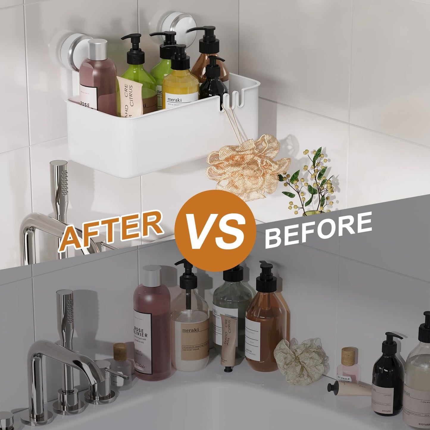 Shower Caddy Suction Cup, Heavy Duty Bathroom Shower Organizer, Removable Shelf for Inside Shower, Shampoo, Wall Mounted Plastic Shower Storage for Bathroom Accessories, White