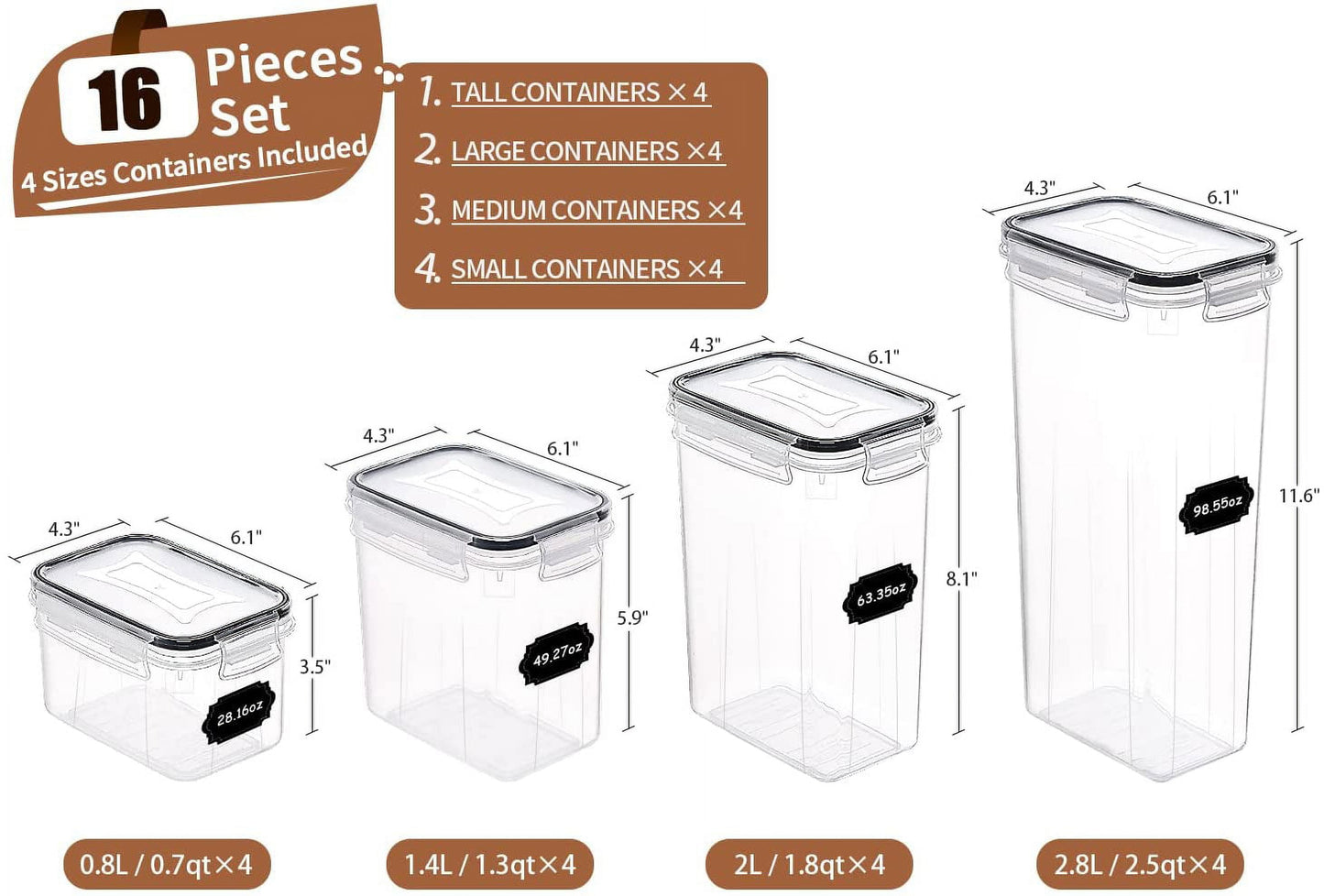 Airtight Food Storage Containers with Lids, 16 pcs Plastic Kitchen and Pantry Organization Canisters for Cereal, Dry Food, Flour and Sugar, BPA Free, Includes 20 Labels