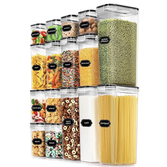 Airtight Food Storage Containers with Lids, 16 pcs Plastic Kitchen and Pantry Organization Canisters for Cereal, Dry Food, Flour and Sugar, BPA Free, Includes 20 Labels