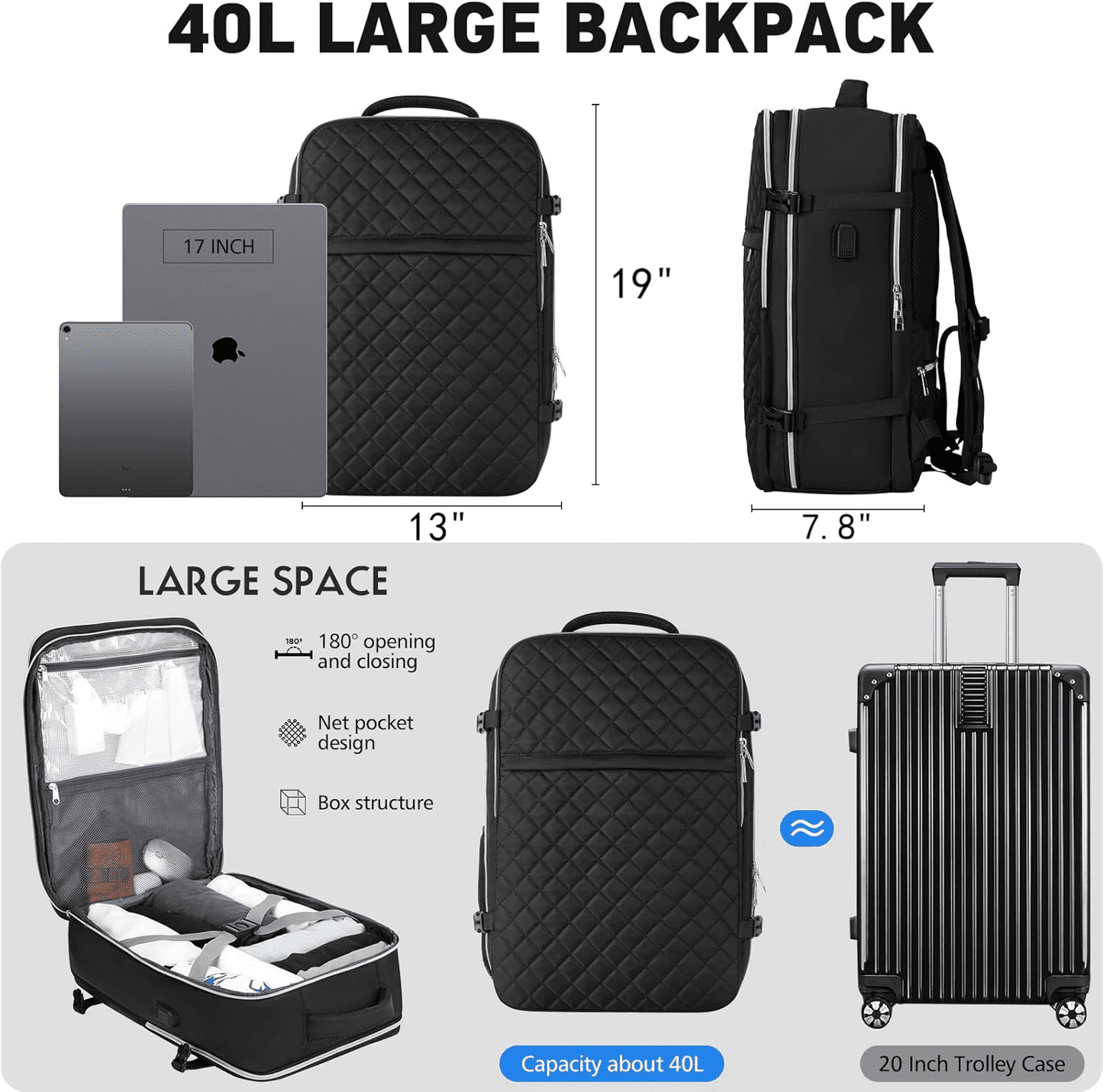 Fashion large backpack For Women And Men, Flight Approved Carry On Backpack, Water Resistant Large Casual Daypack Fit 17 Inch Laptop with USB Charging Port, The Best Gift Choice For Christmas