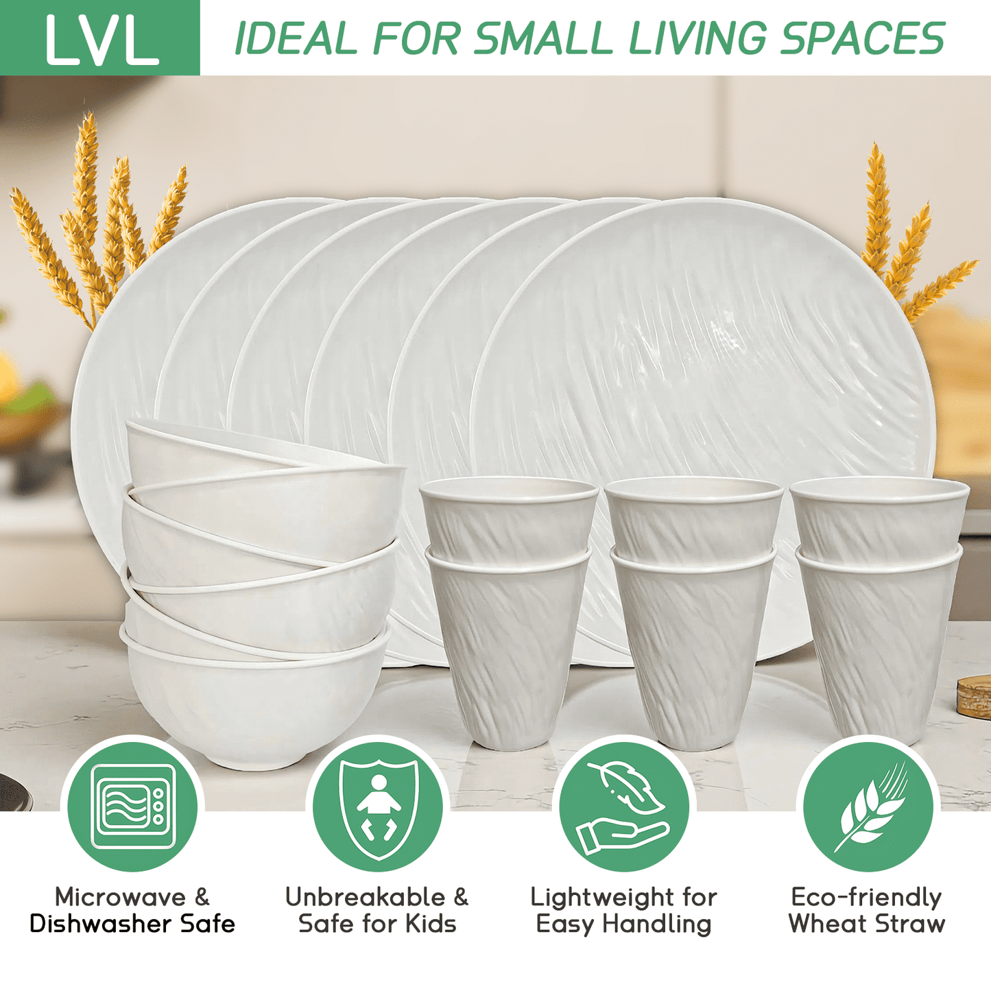 Unbreakable Dinnerware Sets, Rock Texture Bowls Sets for 18PCS, Microwave & Dishwasher Safe, Eco-Friendly, Perfect for Dinners, Buffets, and Events- White