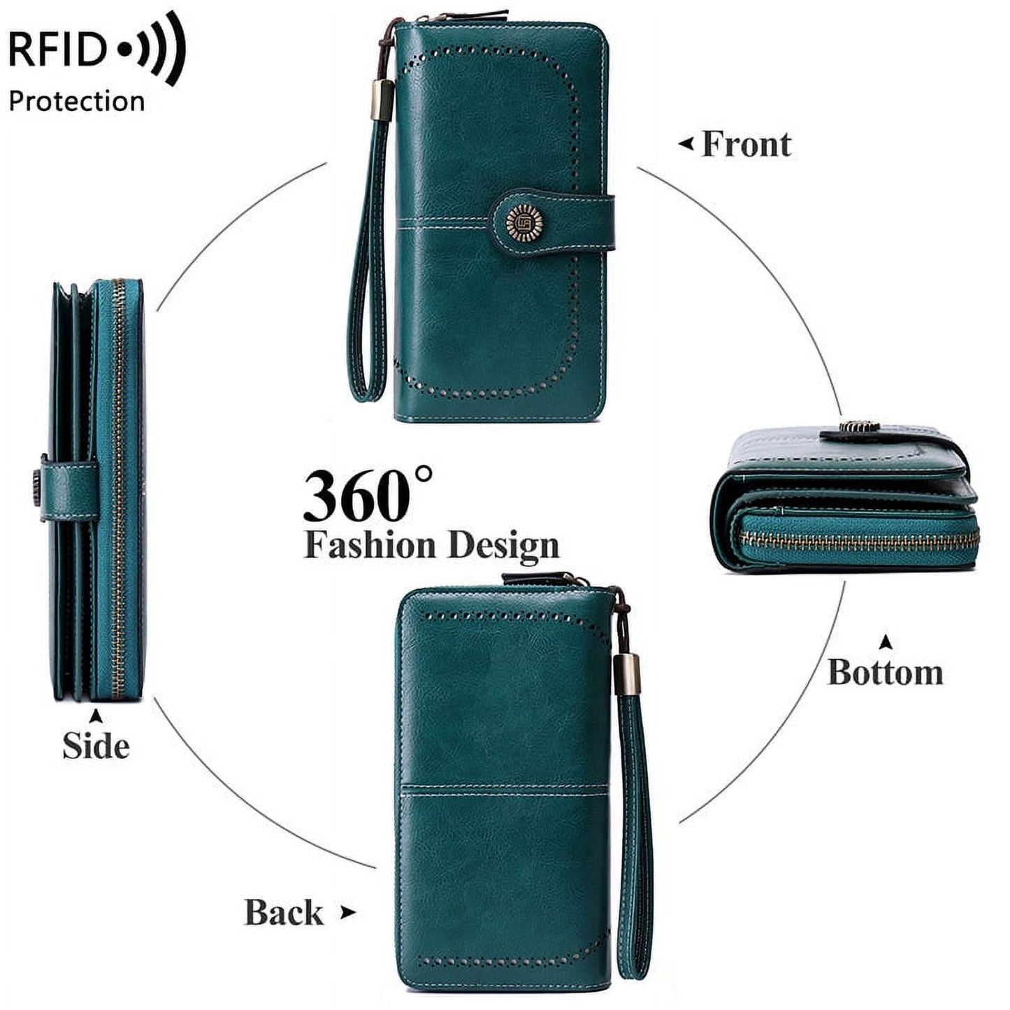 EHIW Wallets for Women Leather Credit Card Holder with RFID Blocking Large Capacity Wristlet , Blue