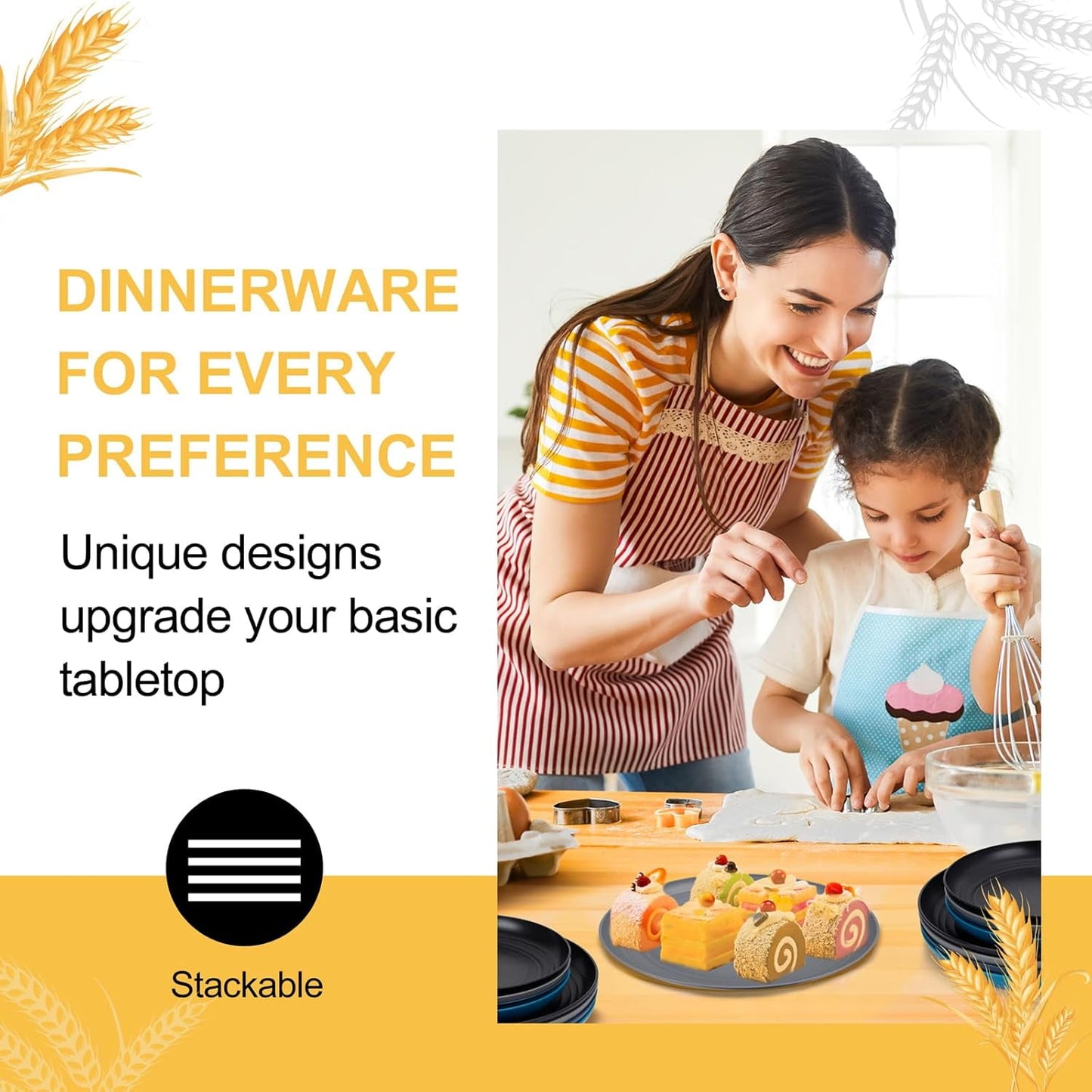 Unbreakable Dinnerware Sets, Wheat Straw Plates and Bowls Sets for 8, Microwave & Dishwasher Safe, Eco-Friendly, Perfect for Dinners, Buffets, and Events- Black
