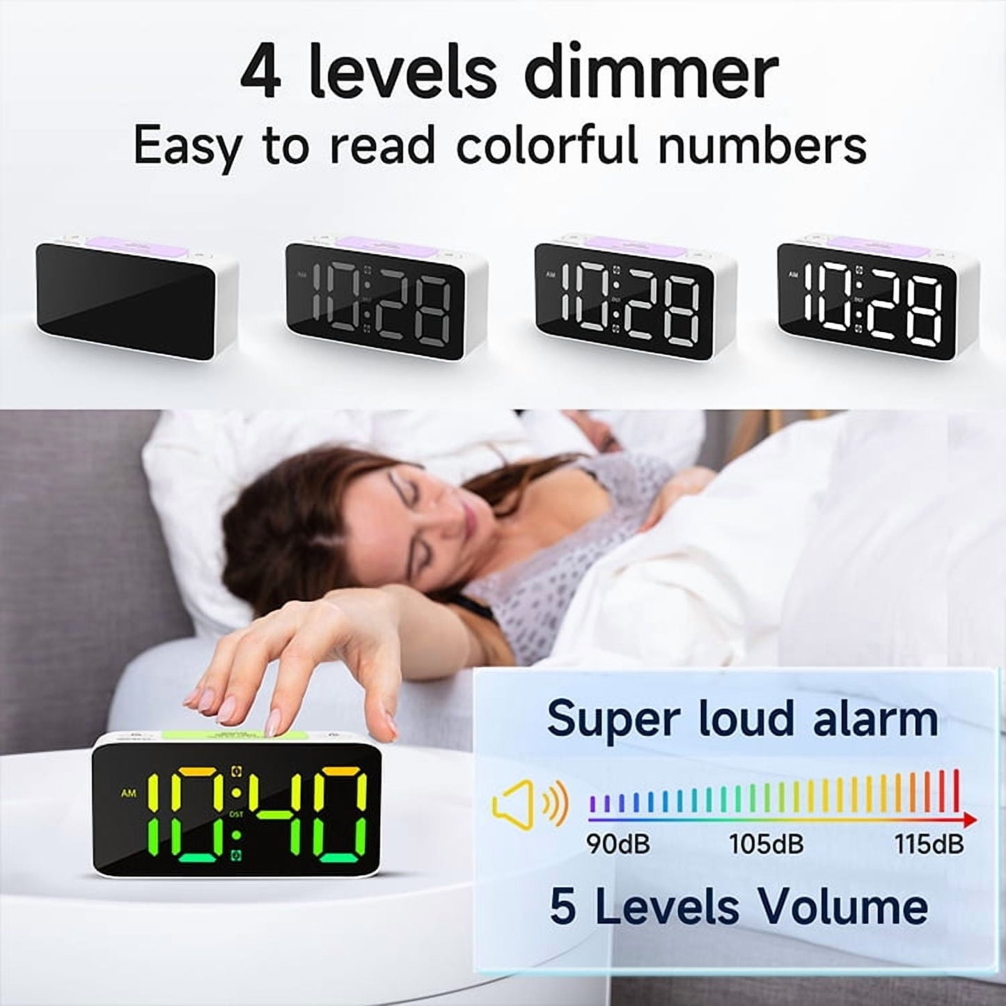 Super Loud Alarm Clock for Heavy Sleepers Adults,Digital Clock with 7 Color NightLight,Adjustable Volume, Charging Cable,Small Clocks for Bedrooms,Ok to Wake Up for People (White+RGB)