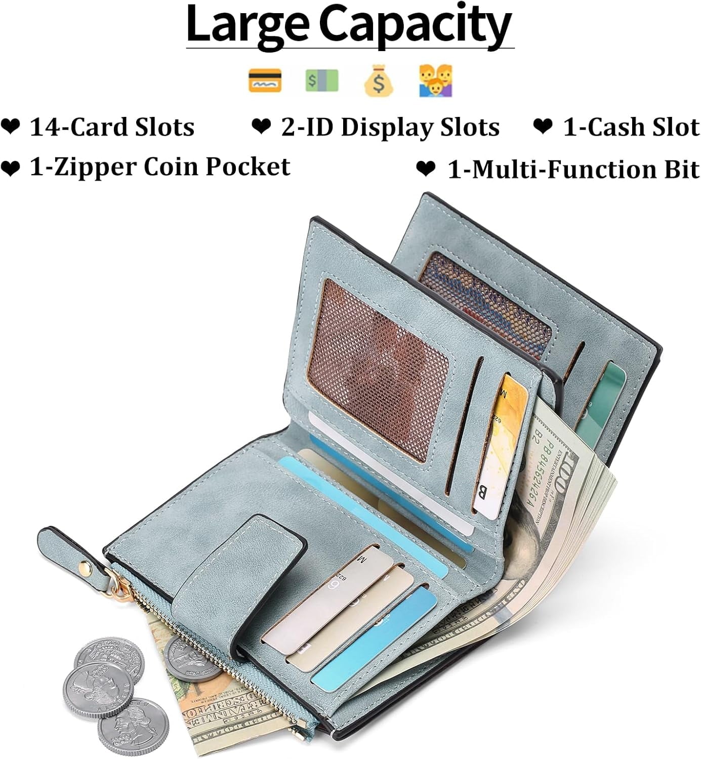 EHIW Small Wallet for Women, Bifold Compact Breathable Soft Leather Wallet with Card Holder, Zipper Coin Pocket and ID Window, Blue