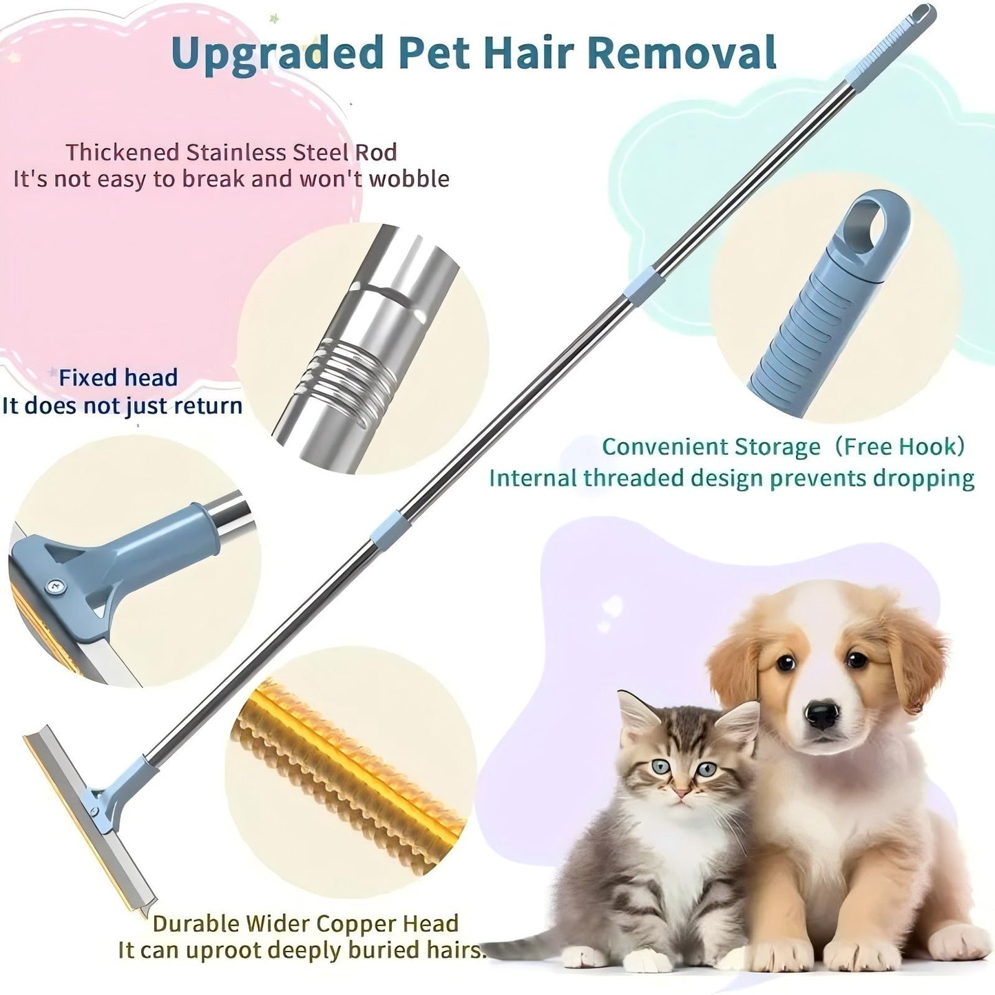 Pet Hair Remover Bundle, 3 Pcs Pet Hair Removal Tool Set, Adjustable Carpet Scraper Rake, 180 Degree Rotating Dog Shedding Cleaner Tool for Carpets, Couch, Car, Rug & Laundry