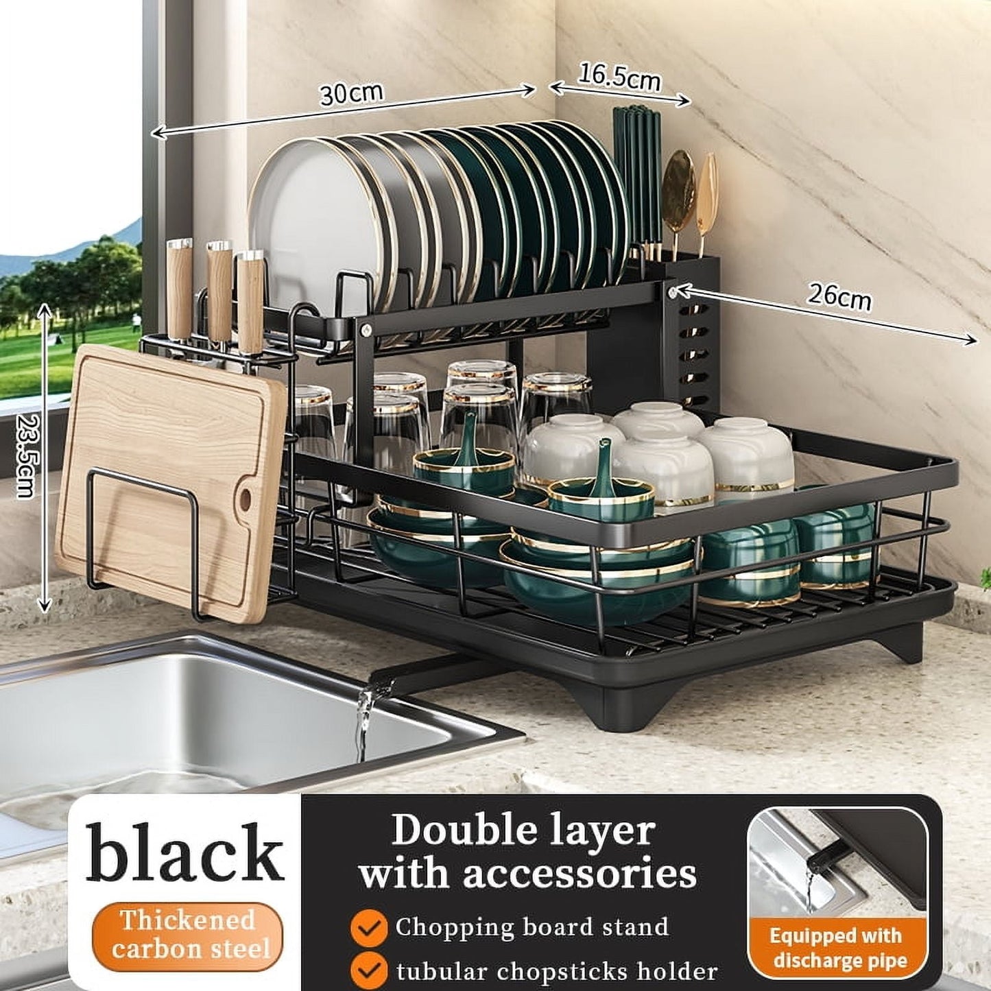 Dish Drying Rack- Space-Saving Dish Rack, Dish Racks for Kitchen Counter, Stainless Steel Kitchen Drying Rack with a Cutlery Holder,12''W x 17''L, Black