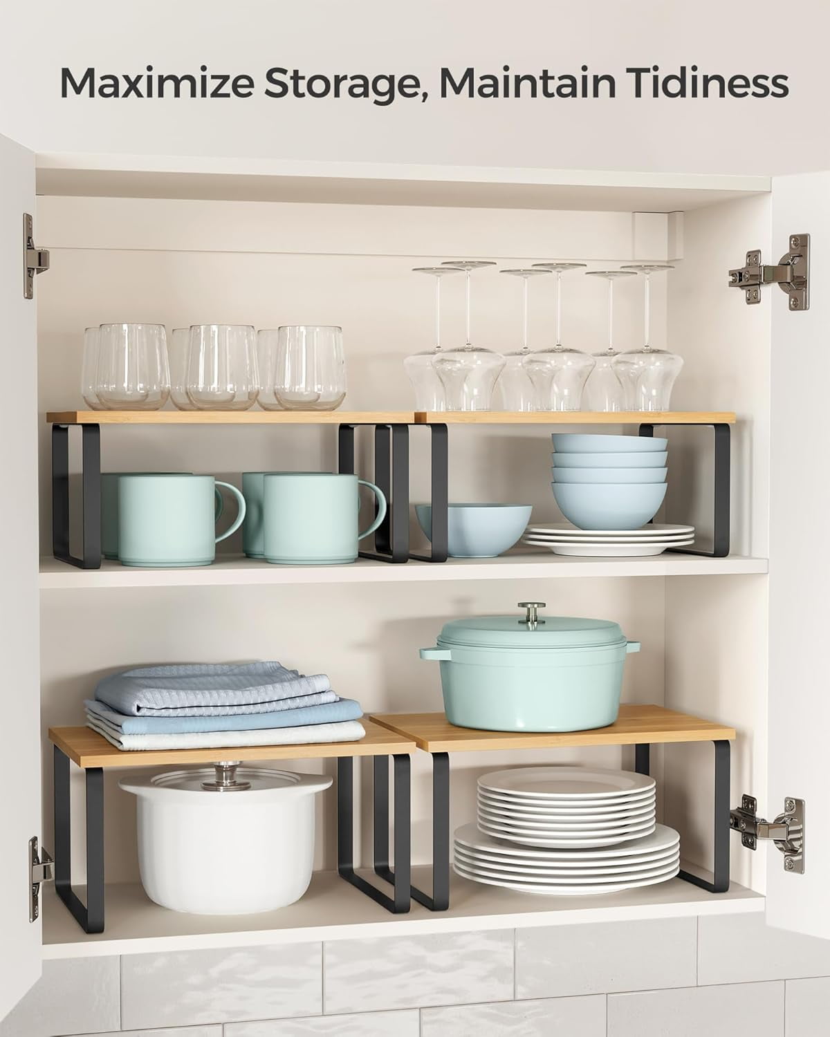 Cabinet Shelf Organizer, Extendable Countertop Shelves Set of 2, Kitchen Spice Racks, Stackable, Storage Racks for Cupboard, Sink, Pantry, Bathroom, Natural, Metal