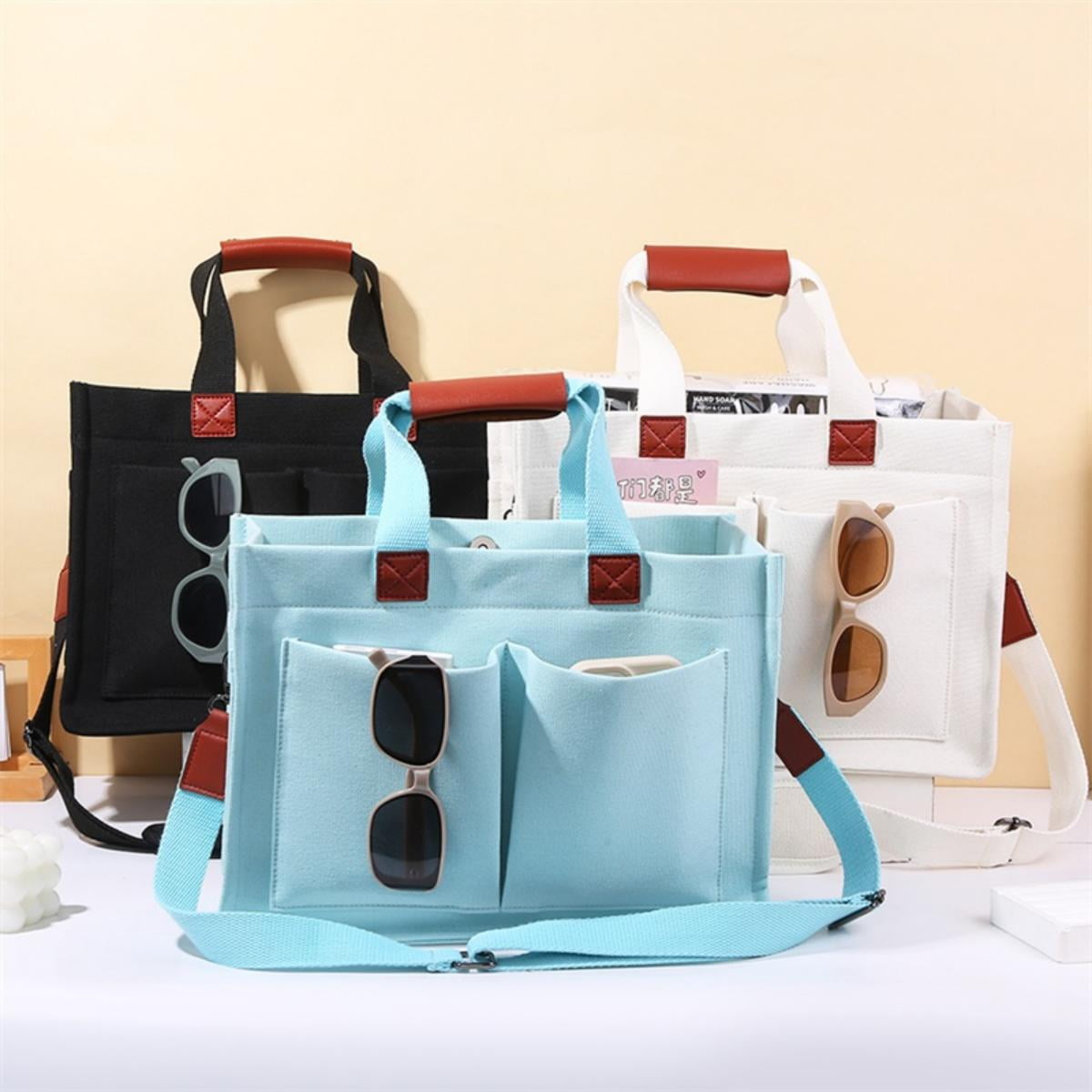 EHIW Tote Bag for Women With Compartments,Large Canvas Tote Women's Purse Crossbody Bags Work Laptop Book Bag Satchels Handbags,White