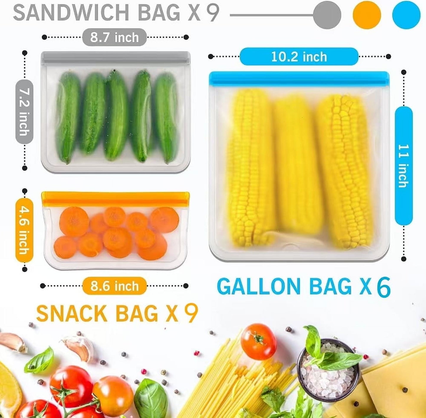 24 Pack Reusable Storage Bags, Dishwasher SafeSilicone Food Storage Bags with 3 Sizes for Marinate Meats, Sandwich, Snack, Cereal, Travel Item