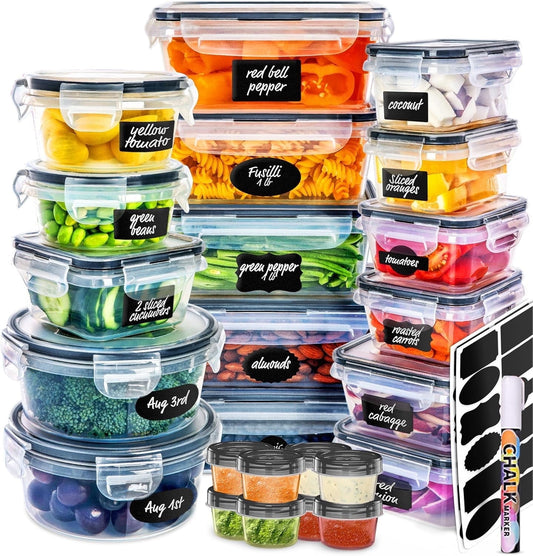 50 Pcs Food Storage Containers with Lids Airtight, Plastic Meal Prep Container for Pantry & Kitchen Organization & bento box & snack containers, BPA-Free, Leak-Proof with Labels & Marker Pen
