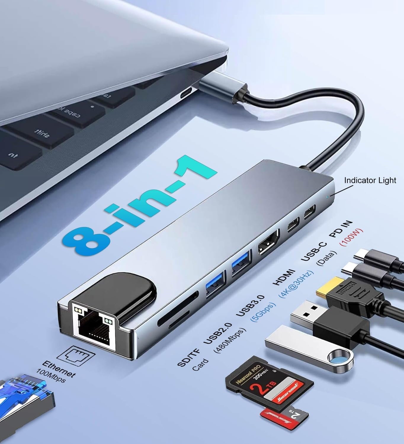 LOOKFUN 8 in 1 Usb C Hub Splitter,TF/SD Card Reader,Compatible with MacBook Pro, iPad Pro,Laptops