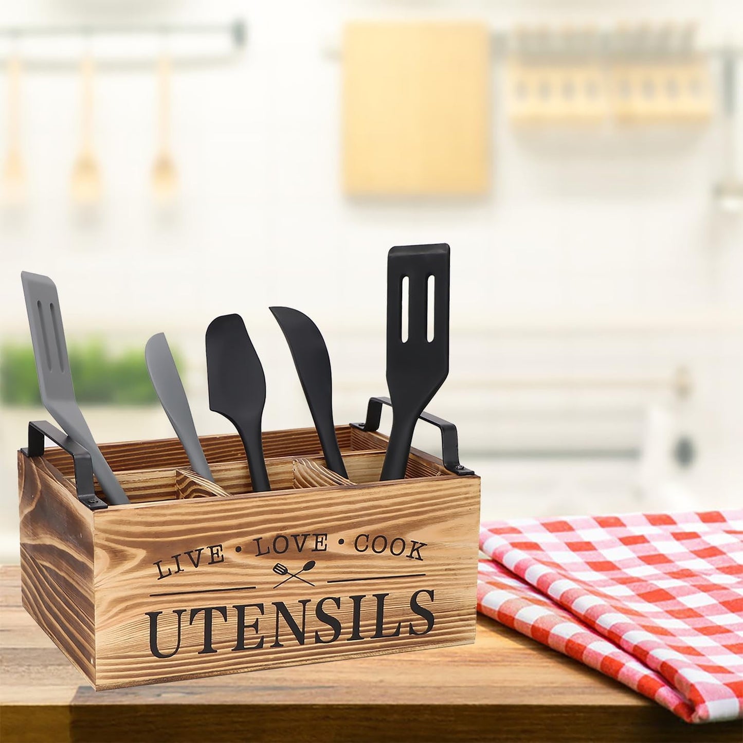 Wood Utensil Holder, Silverware Organizer with 4 Compartments for Kitchen Counter, Farmhouse Wood Flatware Utensil Organizer Storage Box for Silverware Fork Spoon Spatula.