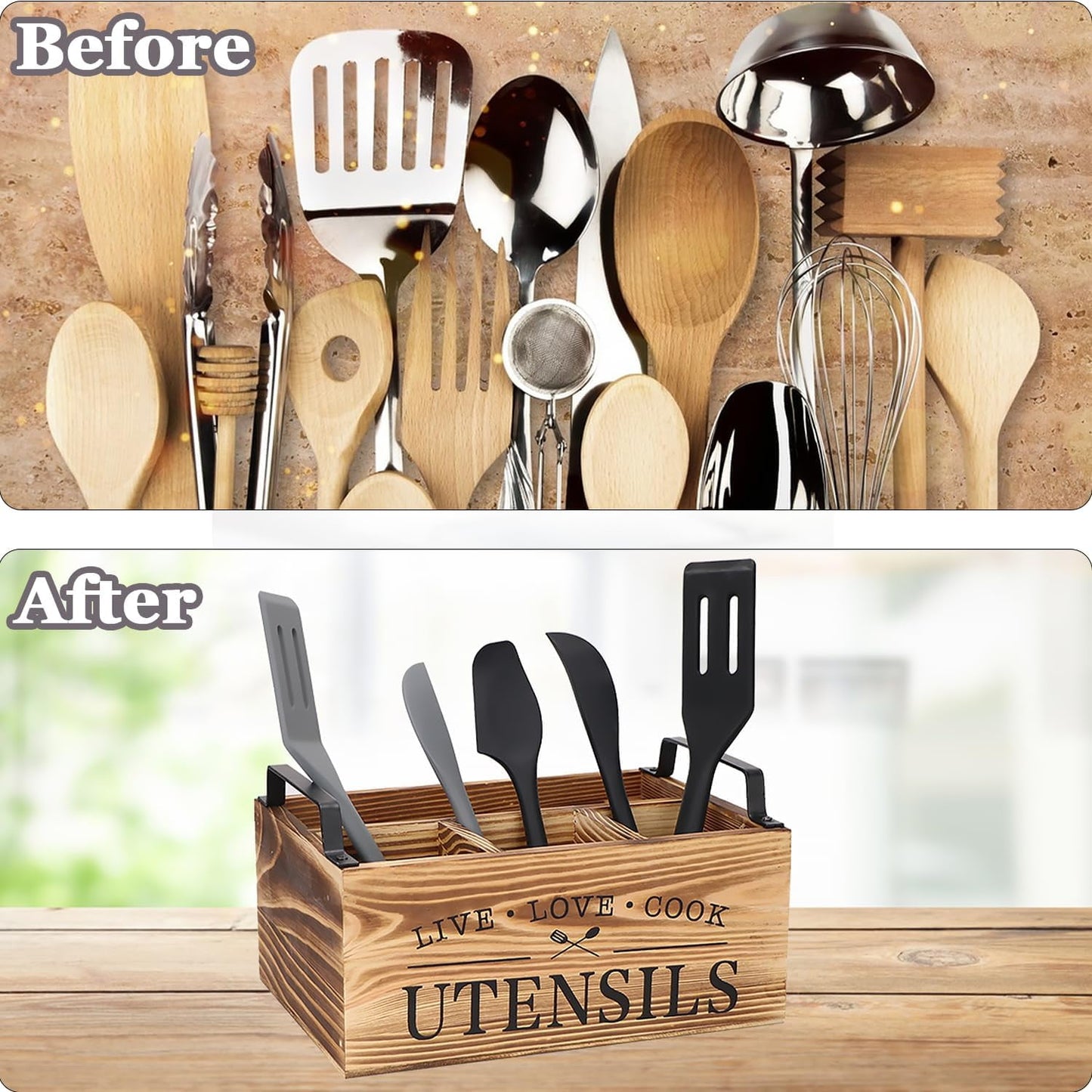 Wood Utensil Holder, Silverware Organizer with 4 Compartments for Kitchen Counter, Farmhouse Wood Flatware Utensil Organizer Storage Box for Silverware Fork Spoon Spatula.