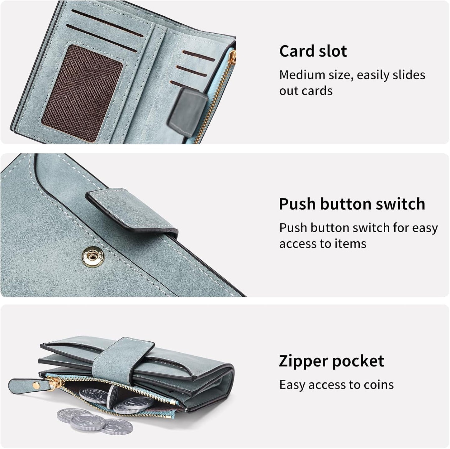 EHIW Small Wallet for Women, Bifold Compact Breathable Soft Leather Wallet with Card Holder, Zipper Coin Pocket and ID Window, Blue