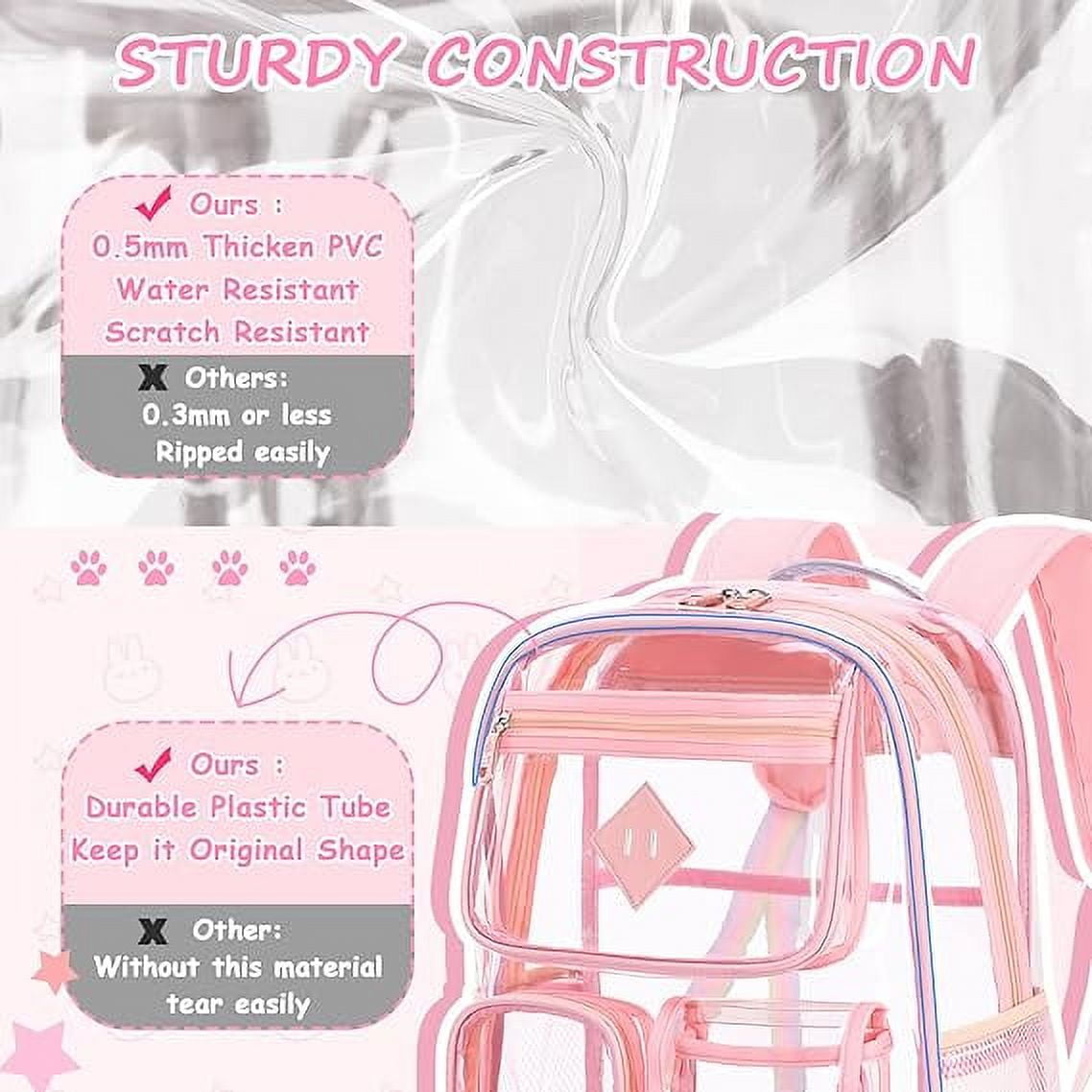 EHIW Clear Backpack for School,Heavy Duty PVC Transparent Bookbag for Women Stadium Approved See Through Backpack (Pink)
