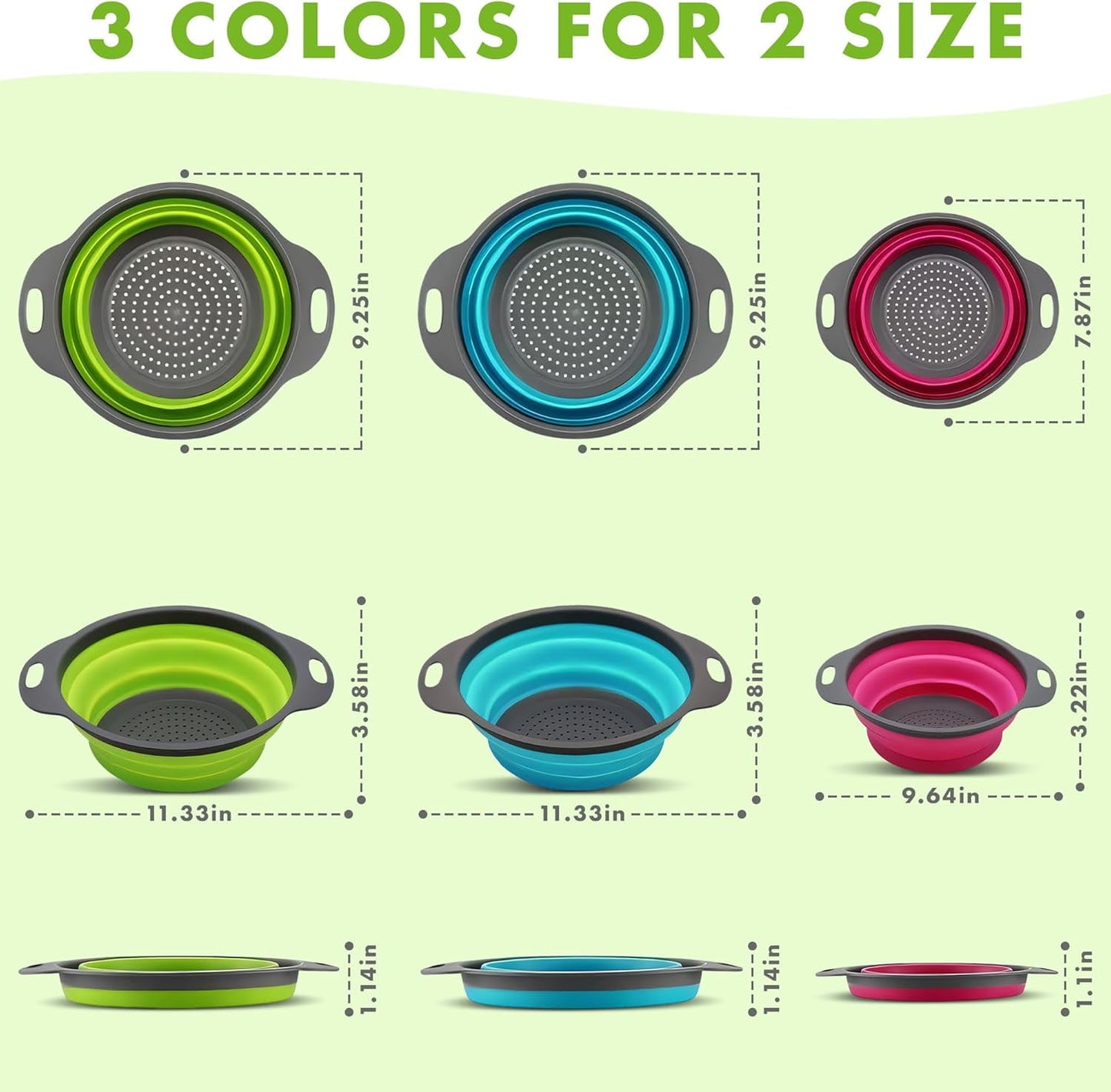 Collapsible Colander Set of 3 Round Silicone Kitchen Strainer Set - 2 pcs 4 Quart and 1 pcs 2 Quart- Perfect for Draining Pasta, Vegetable and fruit (green,blue, purple)