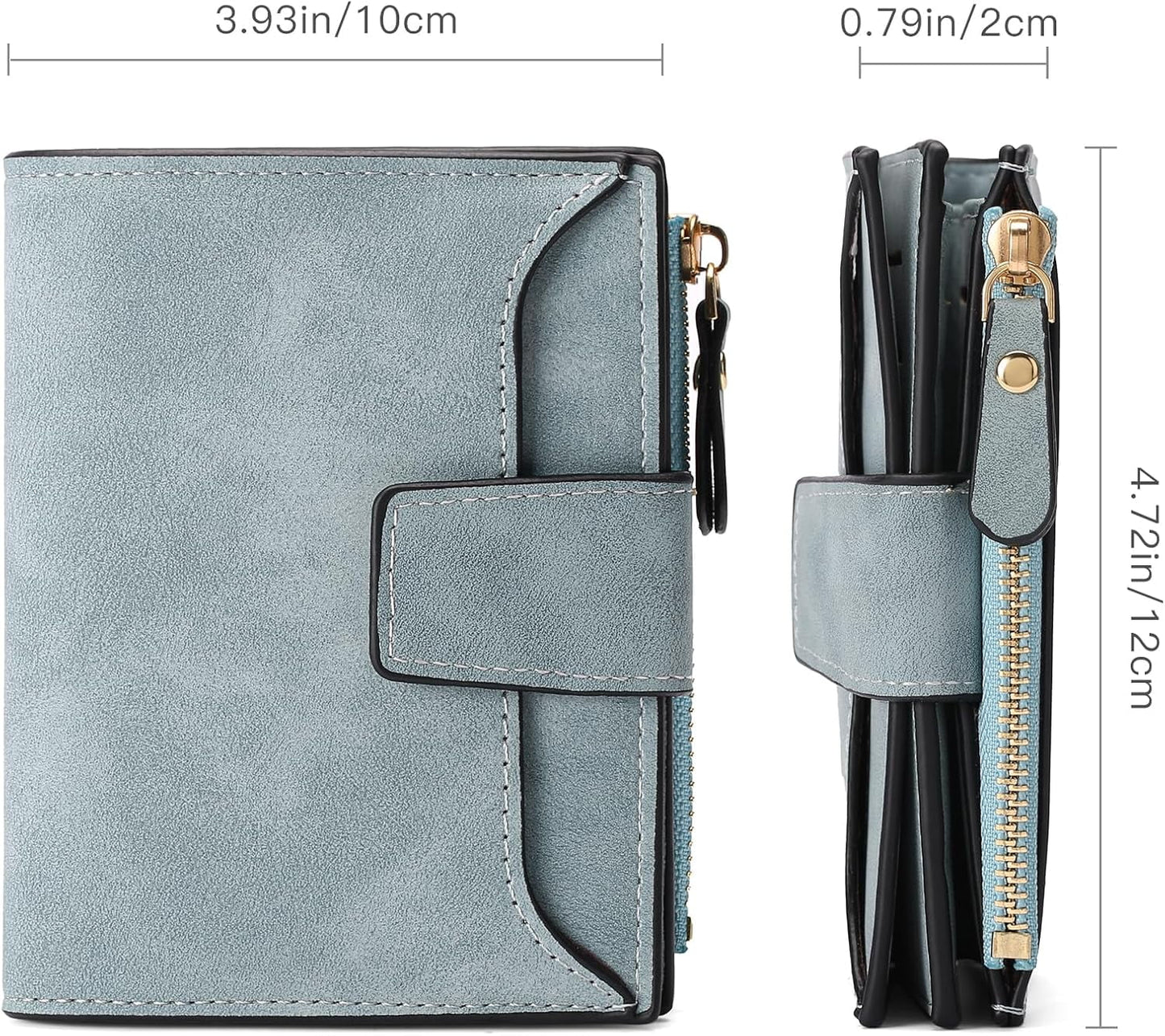 EHIW Small Wallet for Women, Bifold Compact Breathable Soft Leather Wallet with Card Holder, Zipper Coin Pocket and ID Window, Blue