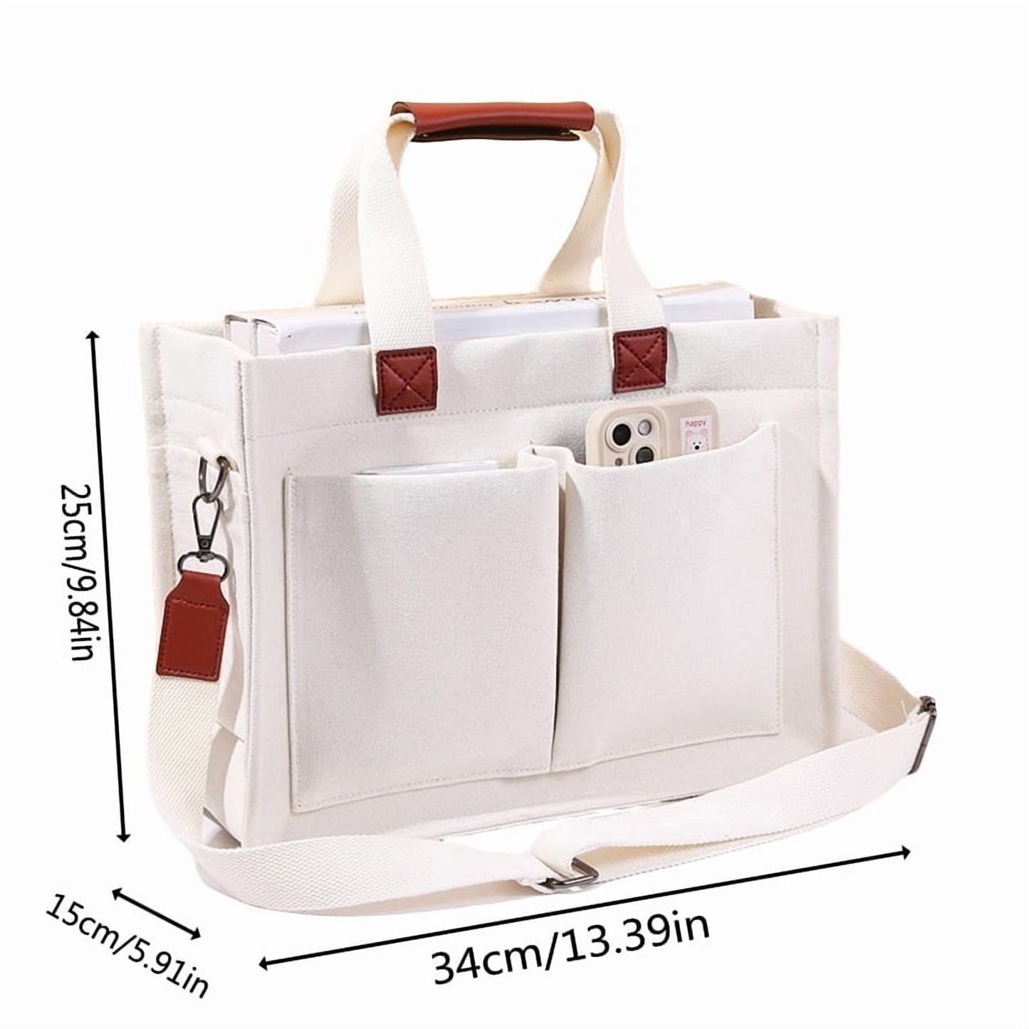 EHIW Tote Bag for Women With Compartments,Large Canvas Tote Women's Purse Crossbody Bags Work Laptop Book Bag Satchels Handbags,White