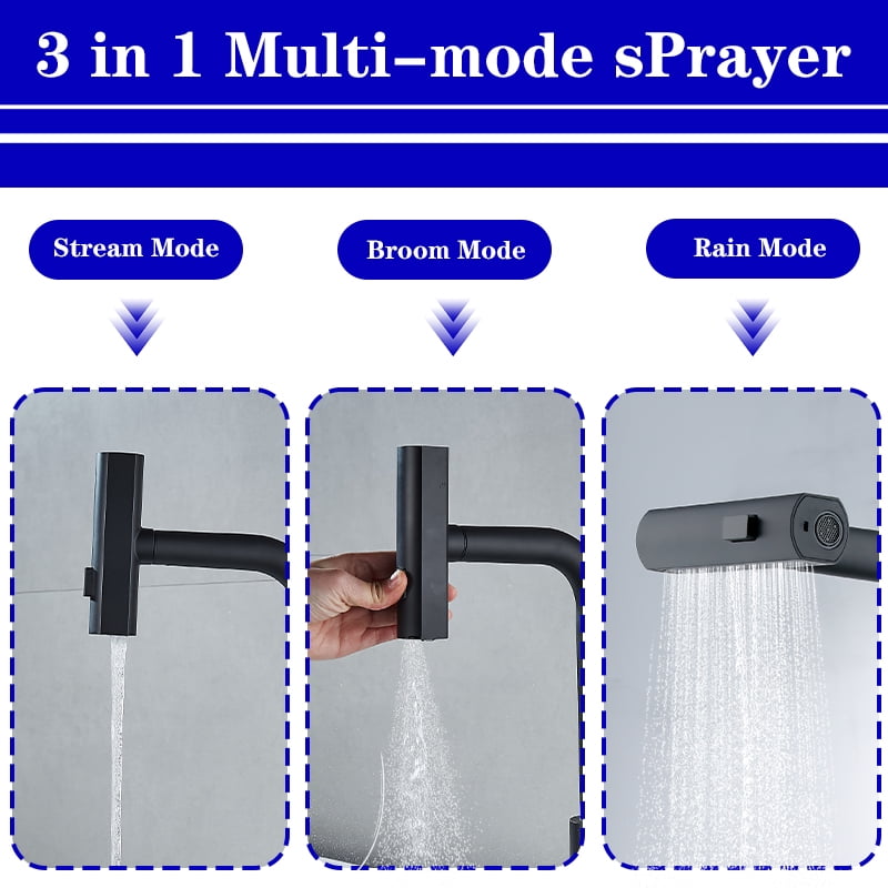 Black Kitchen Faucets with Pull Down Sprayer,Waterfall Kitchen Sink Faucet,Commercial Utility Stainless Steel Kitchen Faucets,Single Handle Kitchen Sink Faucet with Pull Down Sprayer for 3 Function