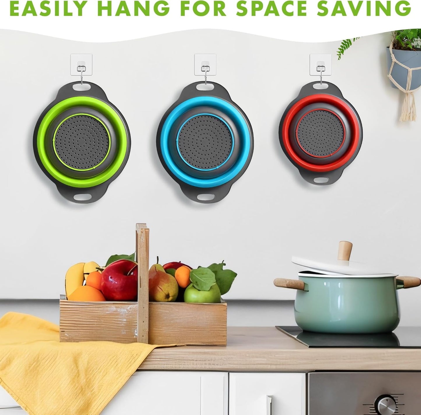 Collapsible Colander Set of 3 Round Silicone Kitchen Strainer Set - 2 pcs 4 Quart and 1 pcs 2 Quart- Perfect for Draining Pasta, Vegetable and fruit (green,blue, purple)