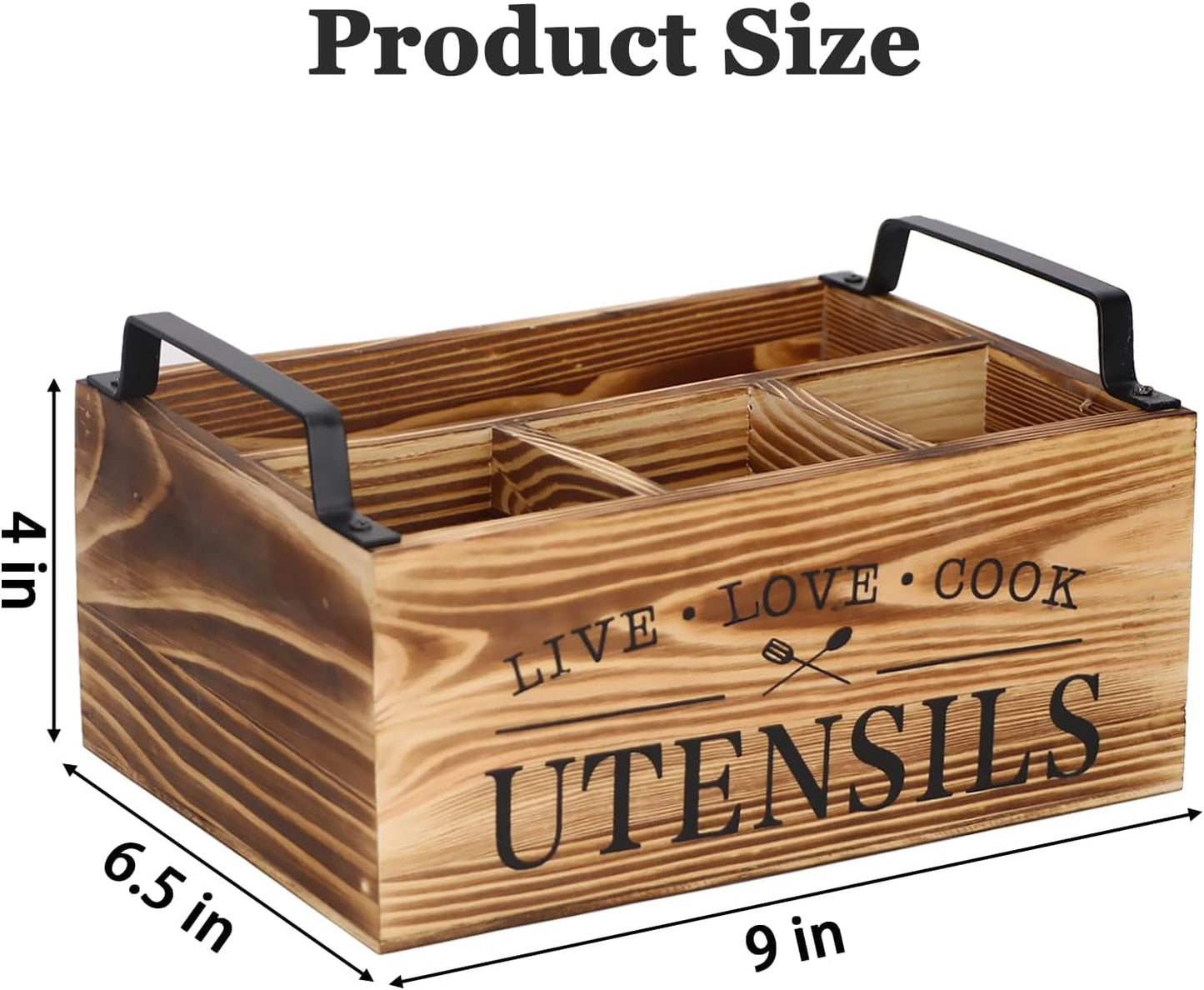 Wood Utensil Holder, Silverware Organizer with 4 Compartments for Kitchen Counter, Farmhouse Wood Flatware Utensil Organizer Storage Box for Silverware Fork Spoon Spatula.