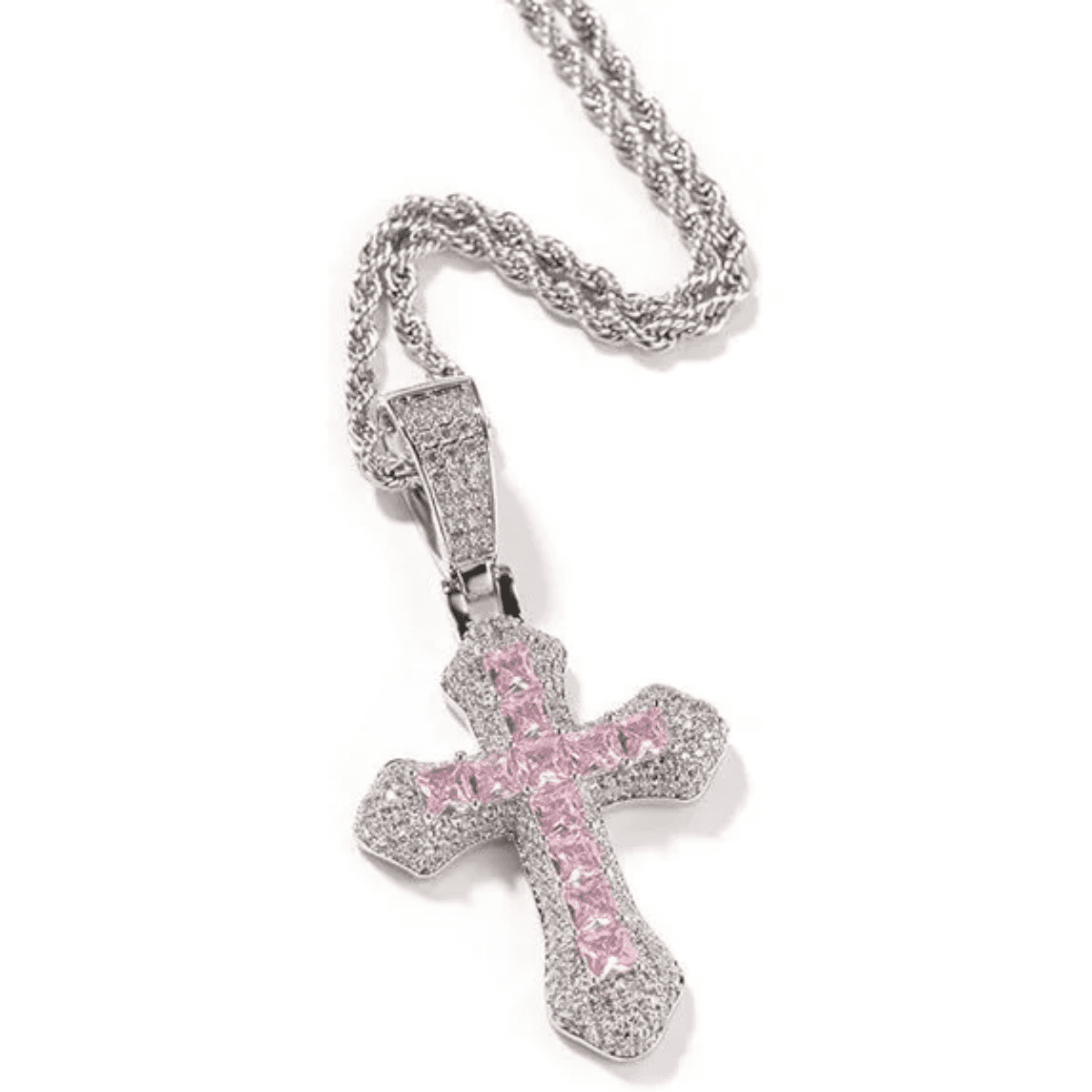 EHIW Crystal Cross Pendant Necklace, Pink Zircon Stones, Silver Chain, 24 Inches