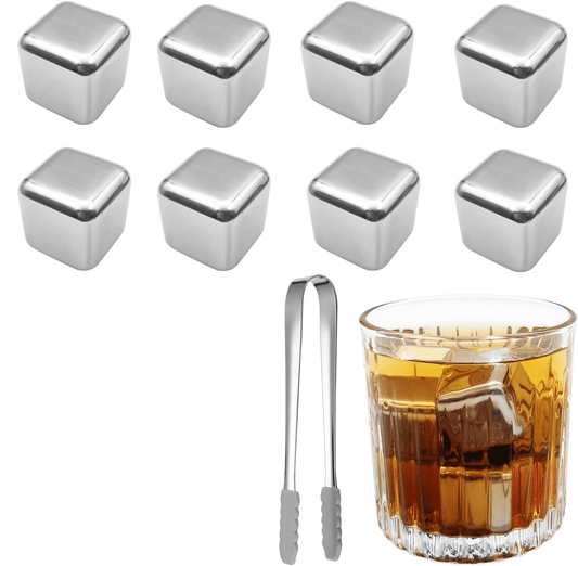 8 pcs Stainless Steel Ice Cubes for Drinks, Reusable Stainless Wine Ice Tong for Whiskey, Vodka, Soda, Wine, Beverage Juice Father's Gifts