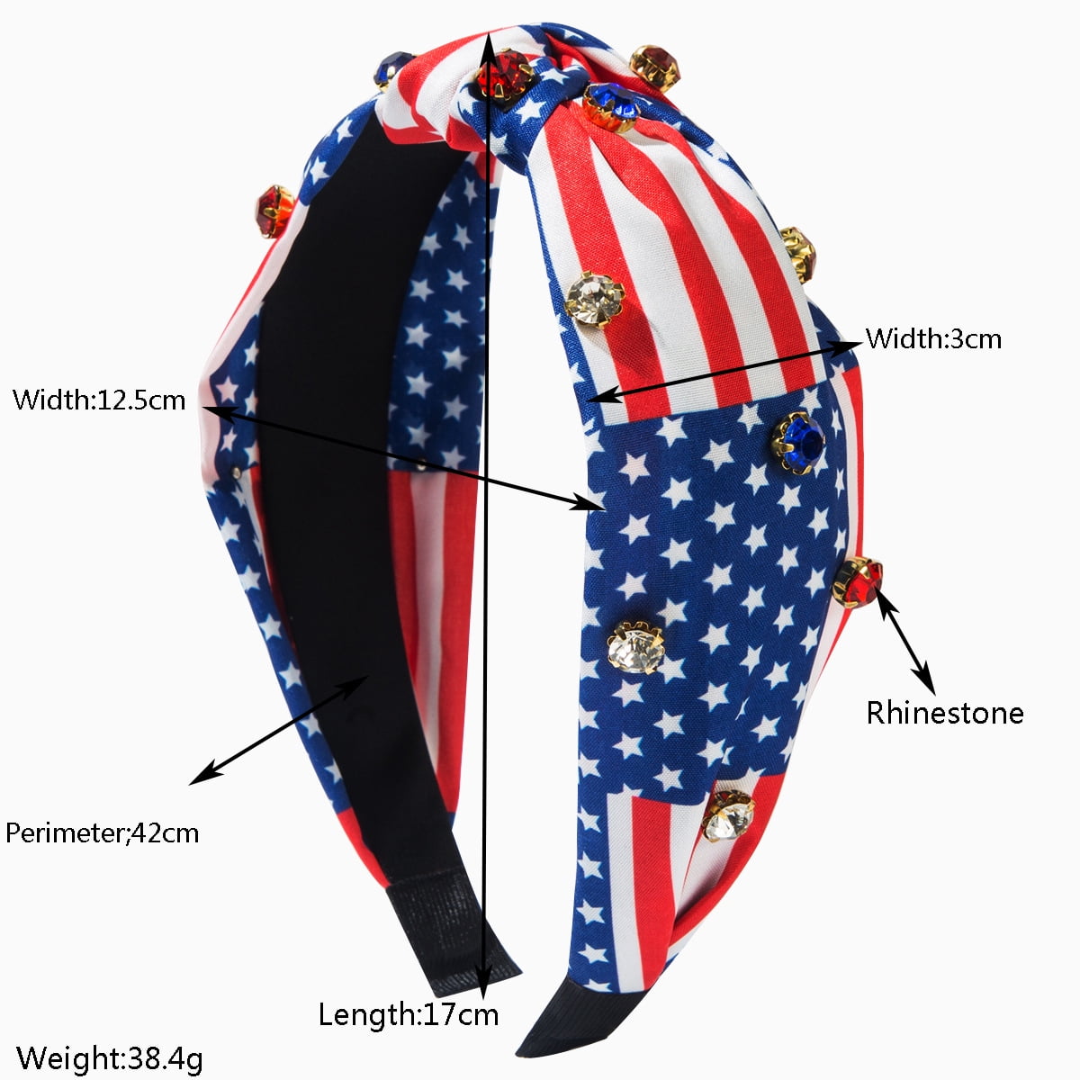 EHIW 4PCS American Flag Headbands for Women ,Wide Knottted Headband, USA Red White and Blue Rhinestone Patriotic Headbands, Crystal Jeweled Hairband, Independence Day Hair Accessories Gifts