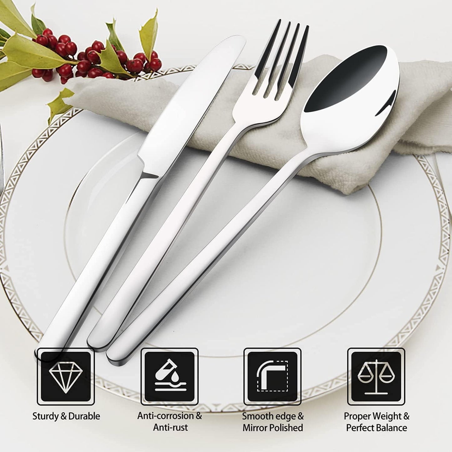 24 Piece Silverware Set for 4, Premium Stainless Steel Cutlery Set, Utensil Sets, Flatware Sets for 4, Forks Spoons and Knives Set Dishwasher Safe for Home Kitchen