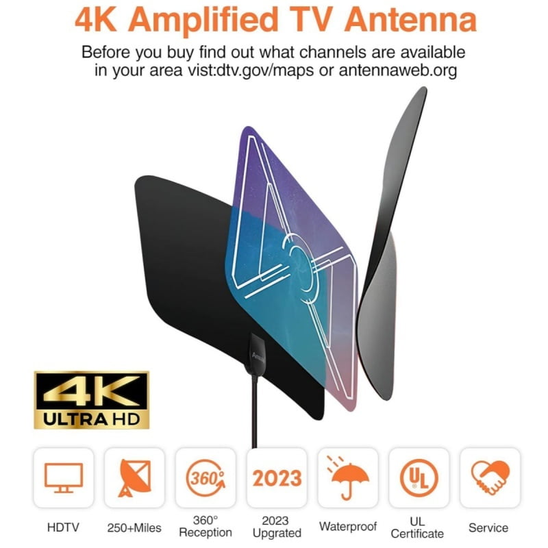LOOKFUN Digital TV Antenna with 360° Signal Booster Long 400 Miles Reception Support 4K 1080p Smart Television with 16.4ft Coaxial HDTV Cable for Local Channels