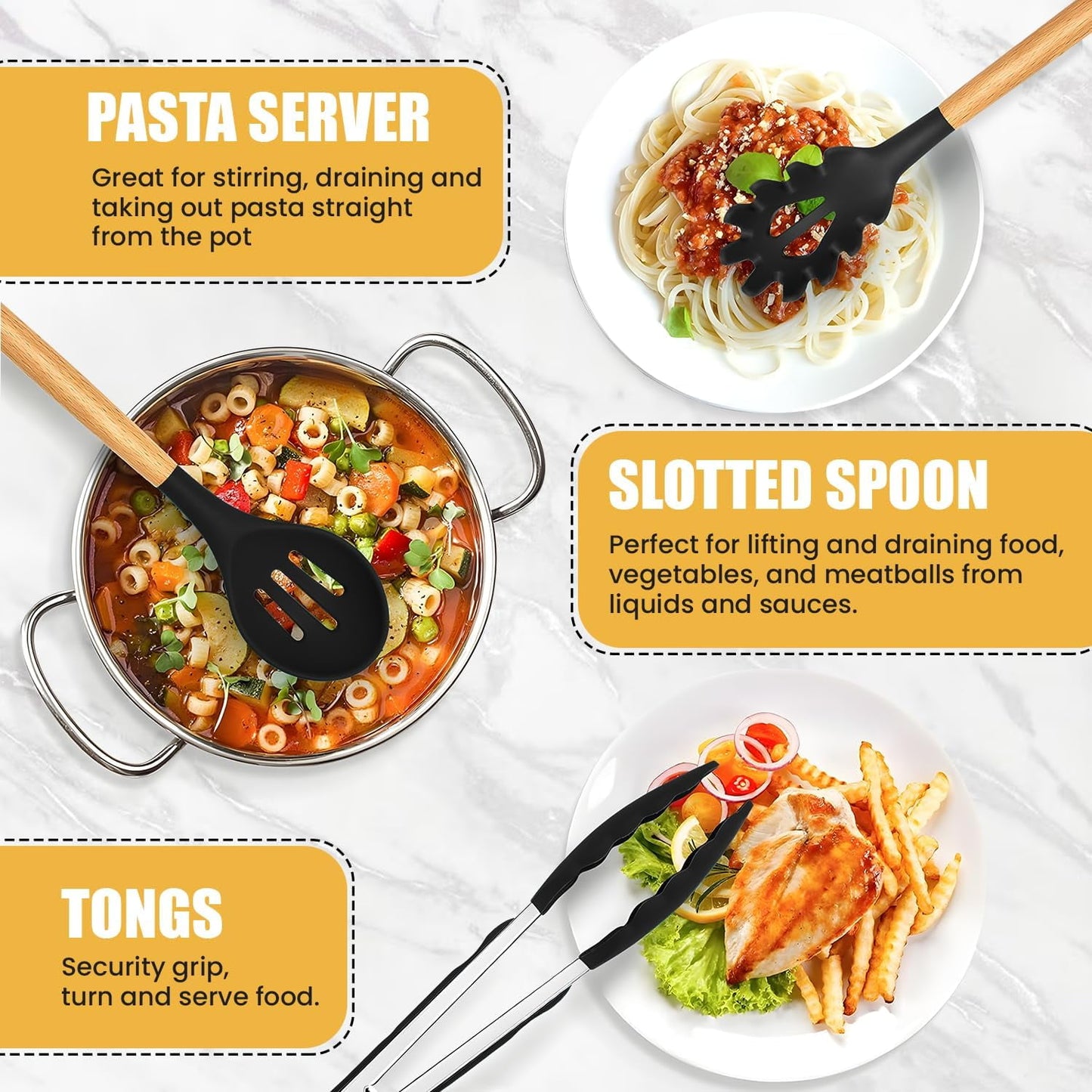 Kitchen Utensils Set- 19 Pcs Silicone Cooking Utensils Set for Nonstick Cookware-Silicone Spatulas Set, Kitchen Gadgets Tools, Pots and Pans Accessories-(Black 19 PCS Set)
