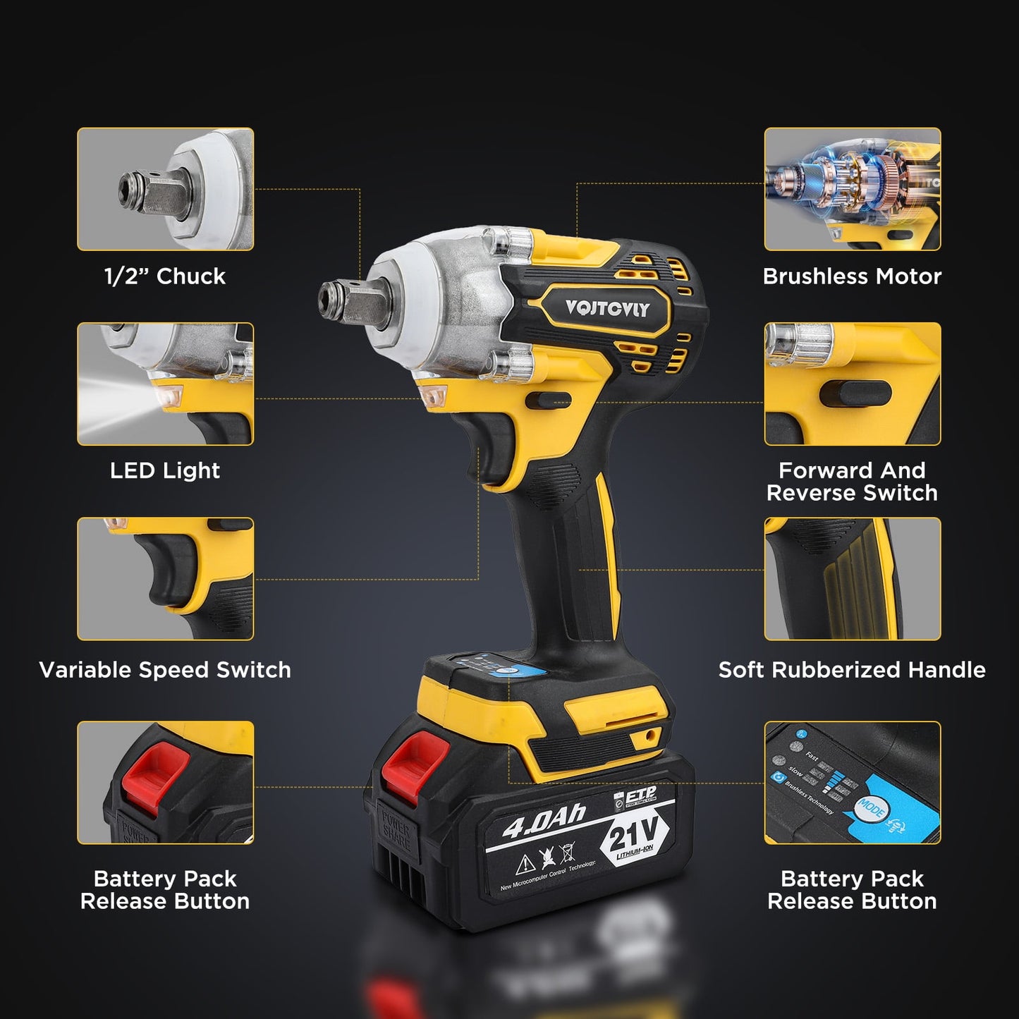 VQJTCVLY Brushless impact driver, 21V Cordless impact wrench 1/2 Inch, 2 × 4.0Ah impact drill tool set, 5 Sockets, 7 Drill, 6 Screws for Car Home Truck Mower Father Dad Husband, Yellow