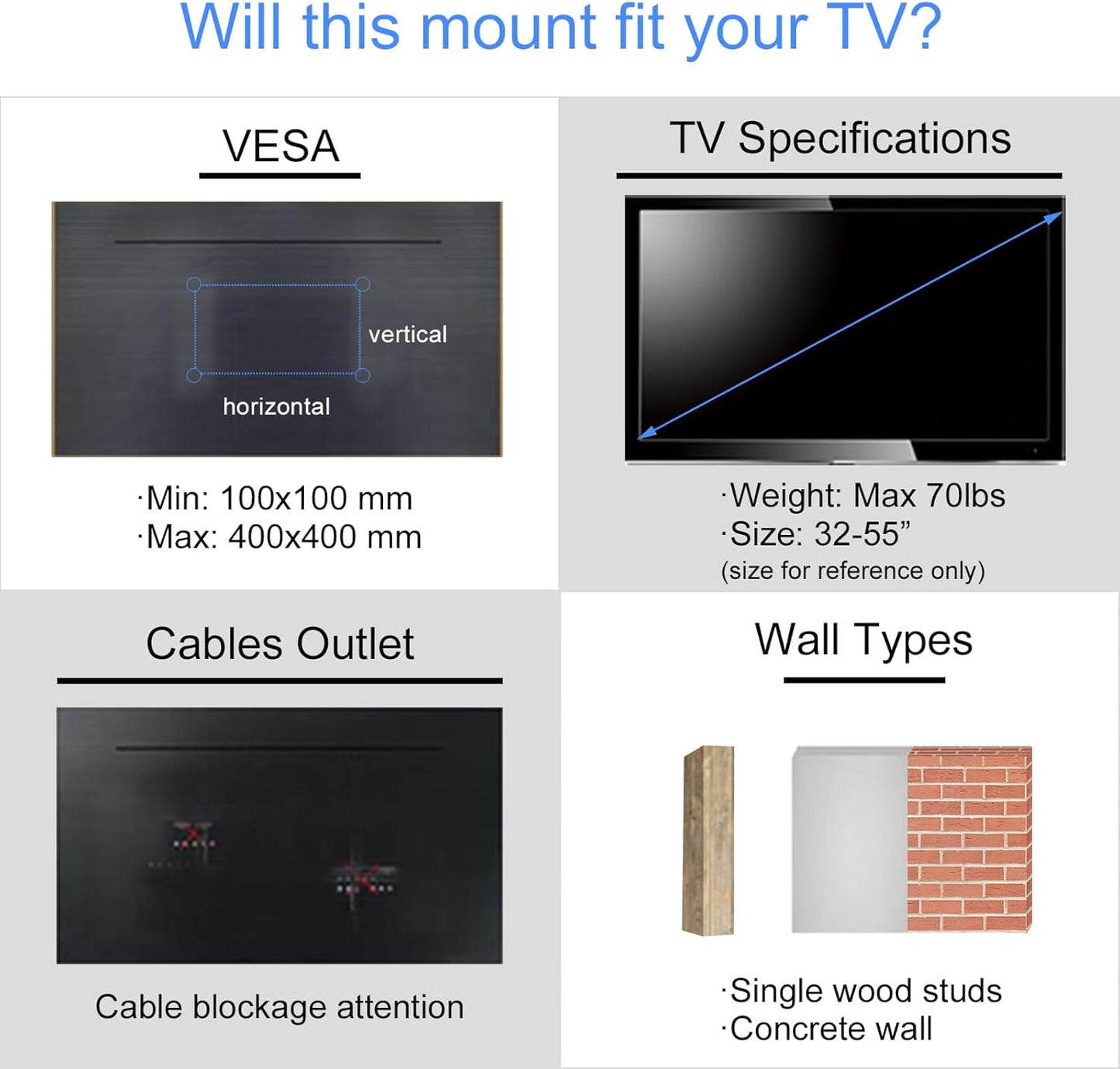 Full Motion TV Monitor Wall Mount Bracket Articulating Arms Swivel Tilt Extension Rotation for Most 32-55 Inch LED LCD Flat Curved Screen TVs & Monitors, Max VESA 400x400mm