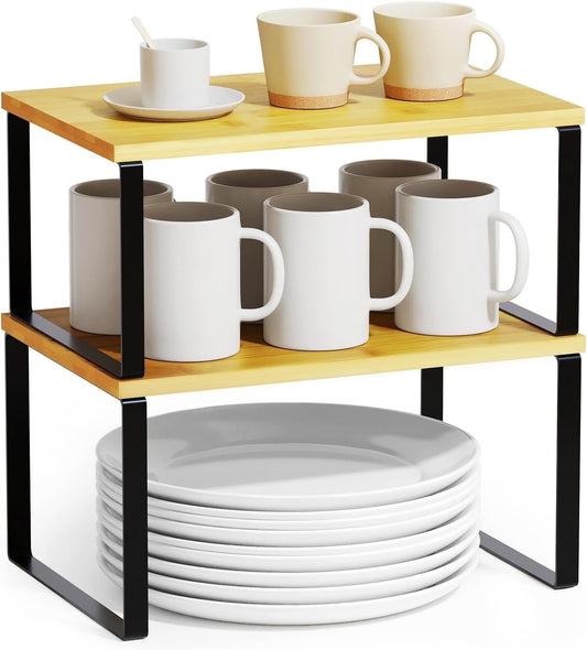 Cabinet Shelf Organizer, Extendable Countertop Shelves Set of 2, Kitchen Spice Racks, Stackable, Storage Racks for Cupboard, Sink, Pantry, Bathroom, Natural, Metal