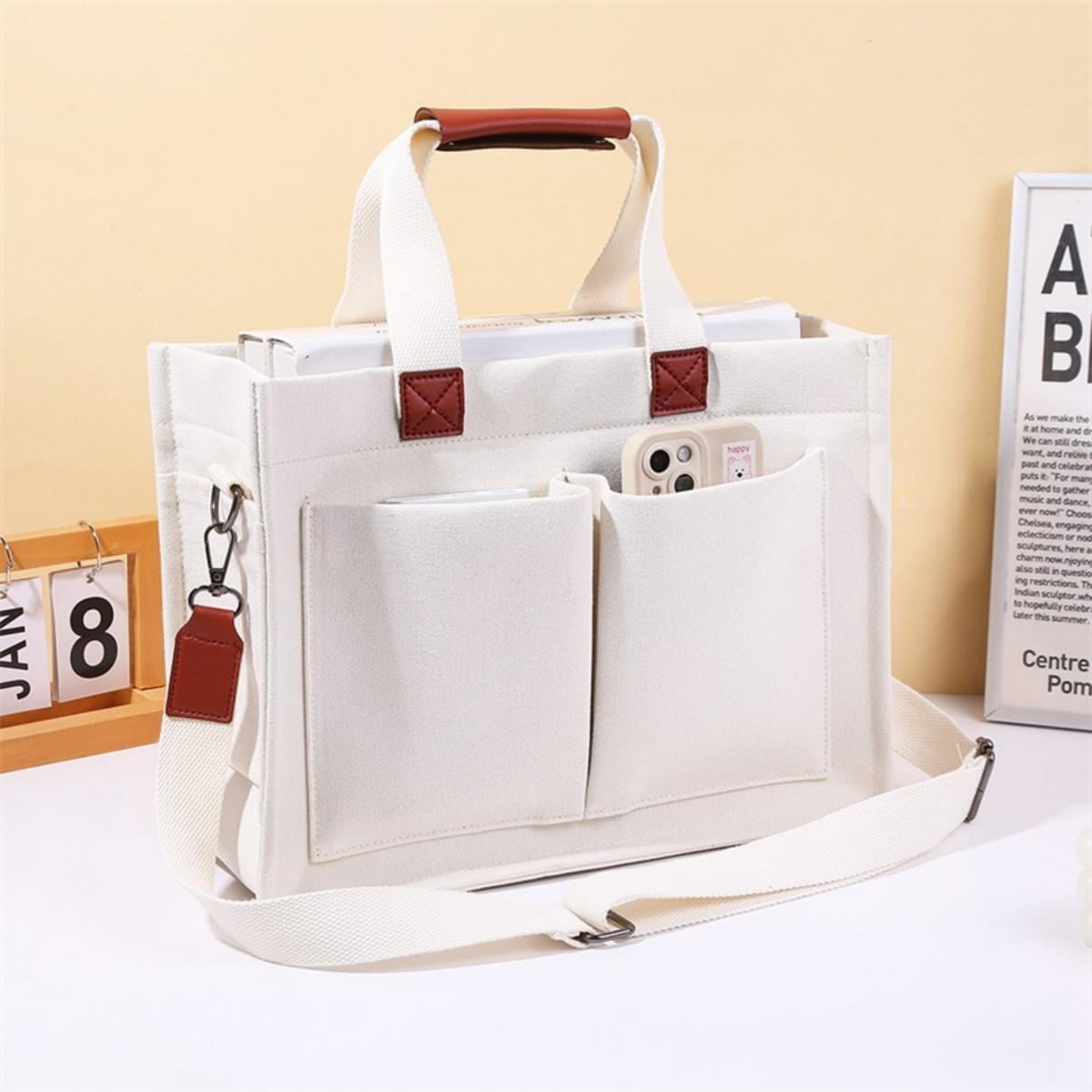 EHIW Tote Bag for Women With Compartments,Large Canvas Tote Women's Purse Crossbody Bags Work Laptop Book Bag Satchels Handbags,White