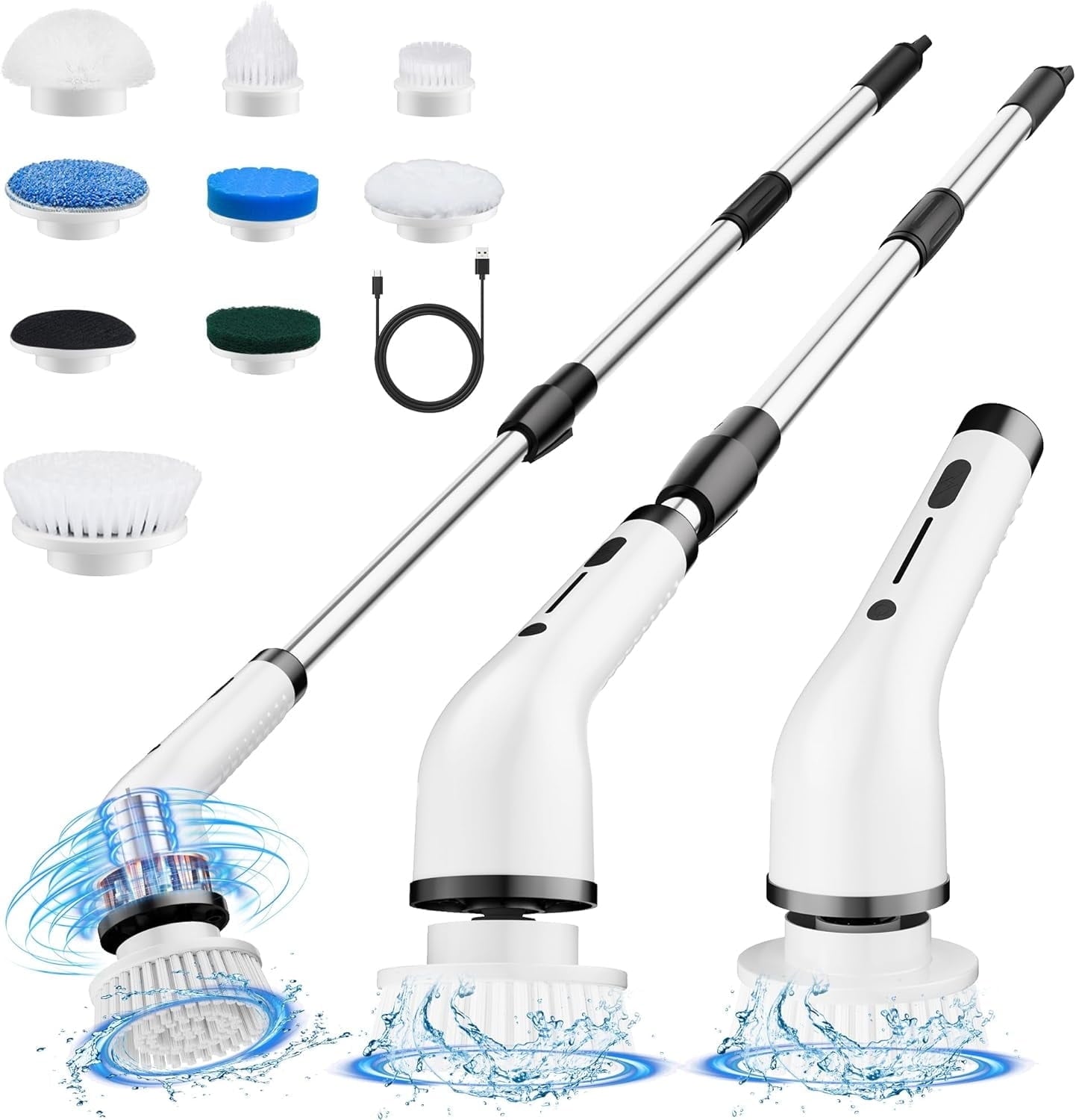 Electric Spin Scrubber,Cordless Cleaning Brush,Shower Cleaning Brush with 8 Replaceable Brush Heads, Power Scrubber Adjustable Speeds,Adjustable & Detachable Long Handle,Black