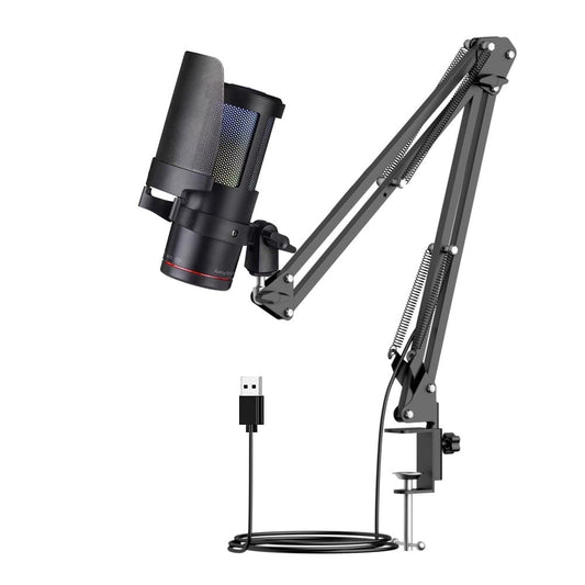 Gaming USB Microphone,Noise Cancellation Condenser mic,3.5mm Headphone,RGB Microphone with Mute,Gain,Monitoring,Boom Arm,Pop Filter for Phone,PC,Computer,Mac,Streaming,Podcast