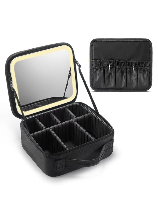 IDFINE Travel Makeup Bag With LED Mirror, Cosmetic Train Case with Light up Mirror, Portable Makeup Artist Organizer Bag with Adjustable Dividers, Makeup Brush Holder Storage, Black