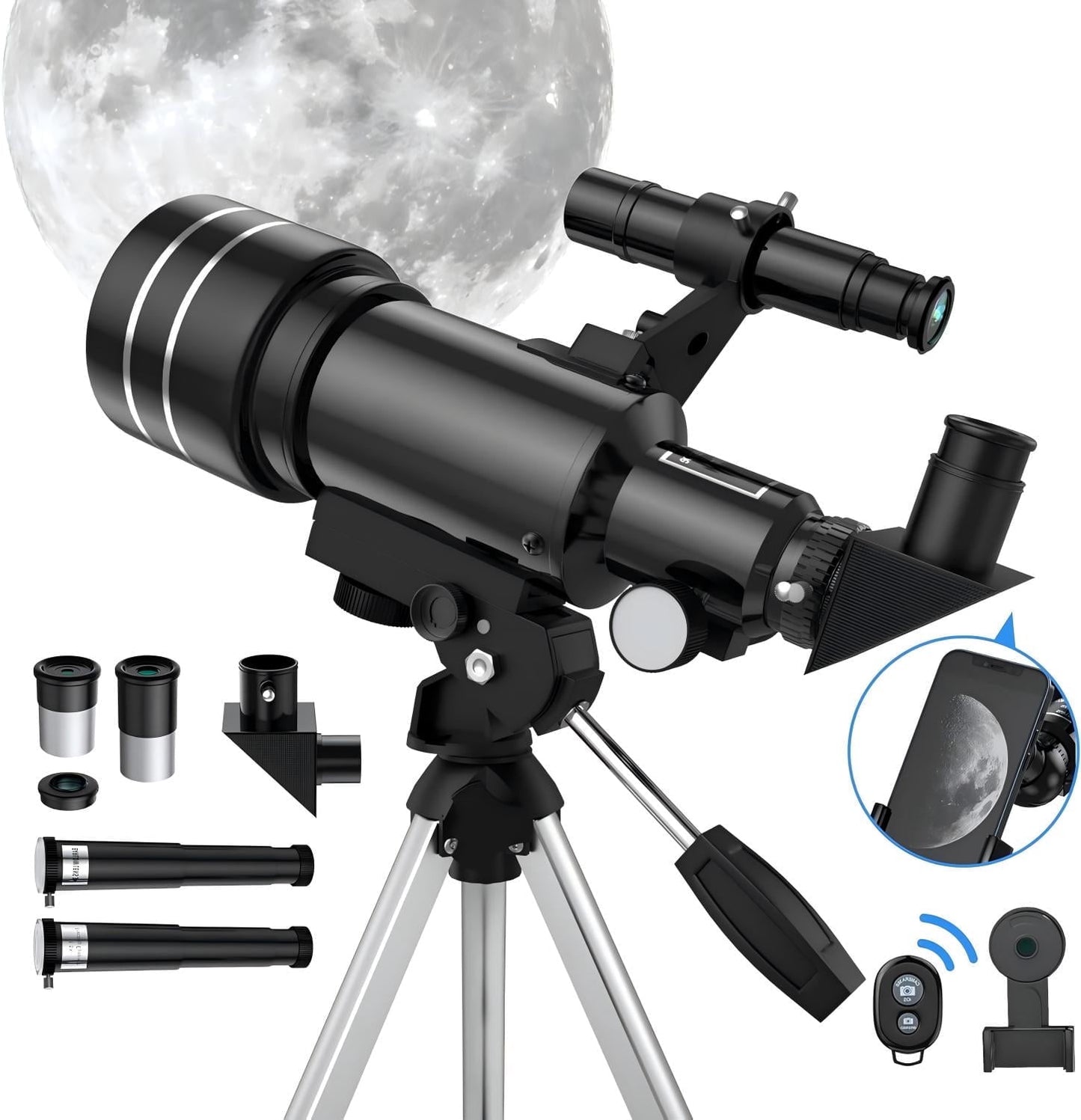 Telescope for Adults & Kids, 70mm Aperture Astronomical Refractor Telescopes for Astronomy Beginners (15X-150X), 300mm Portable Telescope with an Phone Adapter & A Wireless Remote