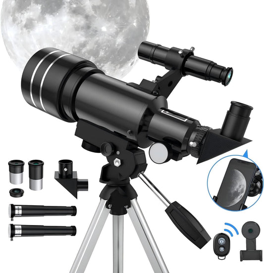 Telescope for Adults & Kids, 70mm Aperture Astronomical Refractor Telescopes for Astronomy Beginners (15X-150X), 300mm Portable Telescope with an Phone Adapter & A Wireless Remote
