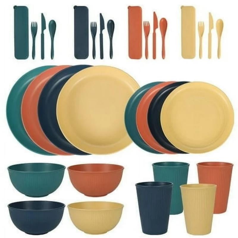 Unbreakable Wheat Straw Set - Microwave and Dishwasher Safe Soup and Salad Bowls, 32-Piece Set, BPA Free, Multicolor