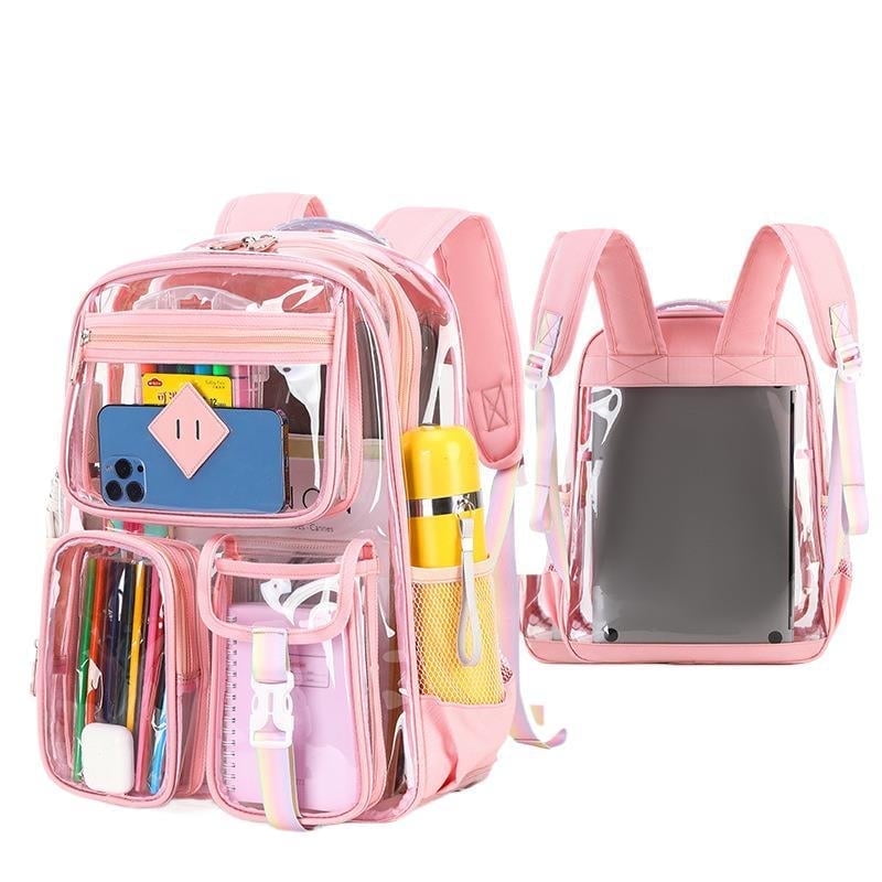 EHIW Clear Backpack for School,Heavy Duty PVC Transparent Bookbag for Women Stadium Approved See Through Backpack (Pink)