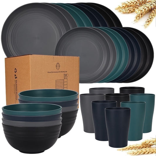 Unbreakable Dinnerware Sets, Wheat Straw Plates and Bowls Sets for 8, Microwave & Dishwasher Safe, Eco-Friendly, Perfect for Dinners, Buffets, and Events- Black