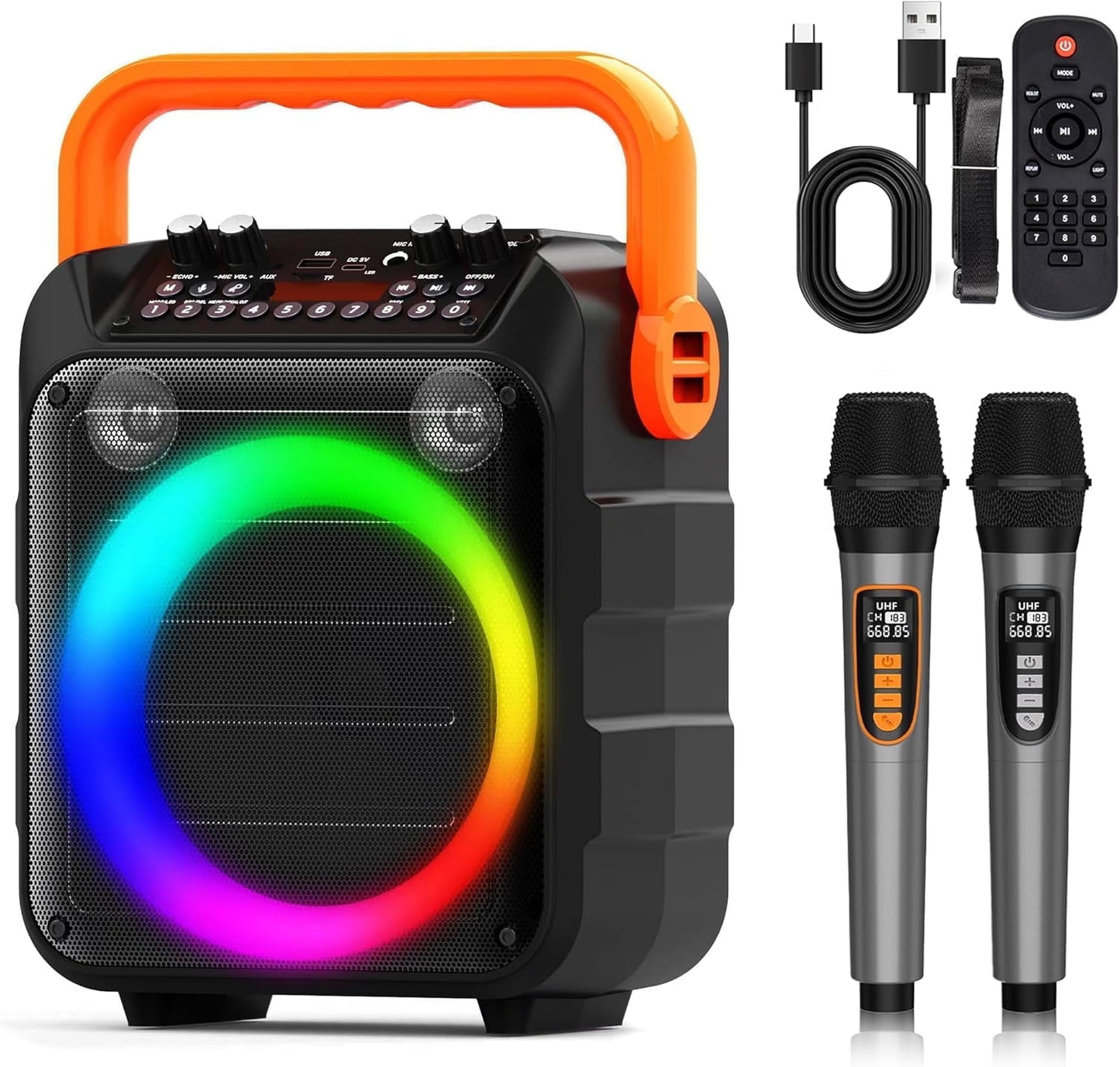 Karaoke Machine, Portable Bluetooth Speaker with 2 Wireless Microphones for Adults & Kids with Lights, Karaoke Microphone with PA System Supports USB/TF/REC/FM/AUX for Home Party