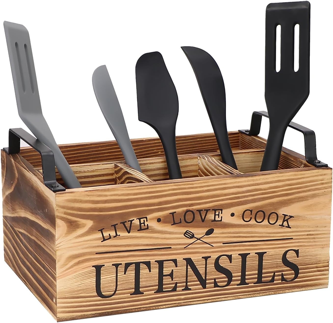 Wood Utensil Holder, Silverware Organizer with 4 Compartments for Kitchen Counter, Farmhouse Wood Flatware Utensil Organizer Storage Box for Silverware Fork Spoon Spatula.