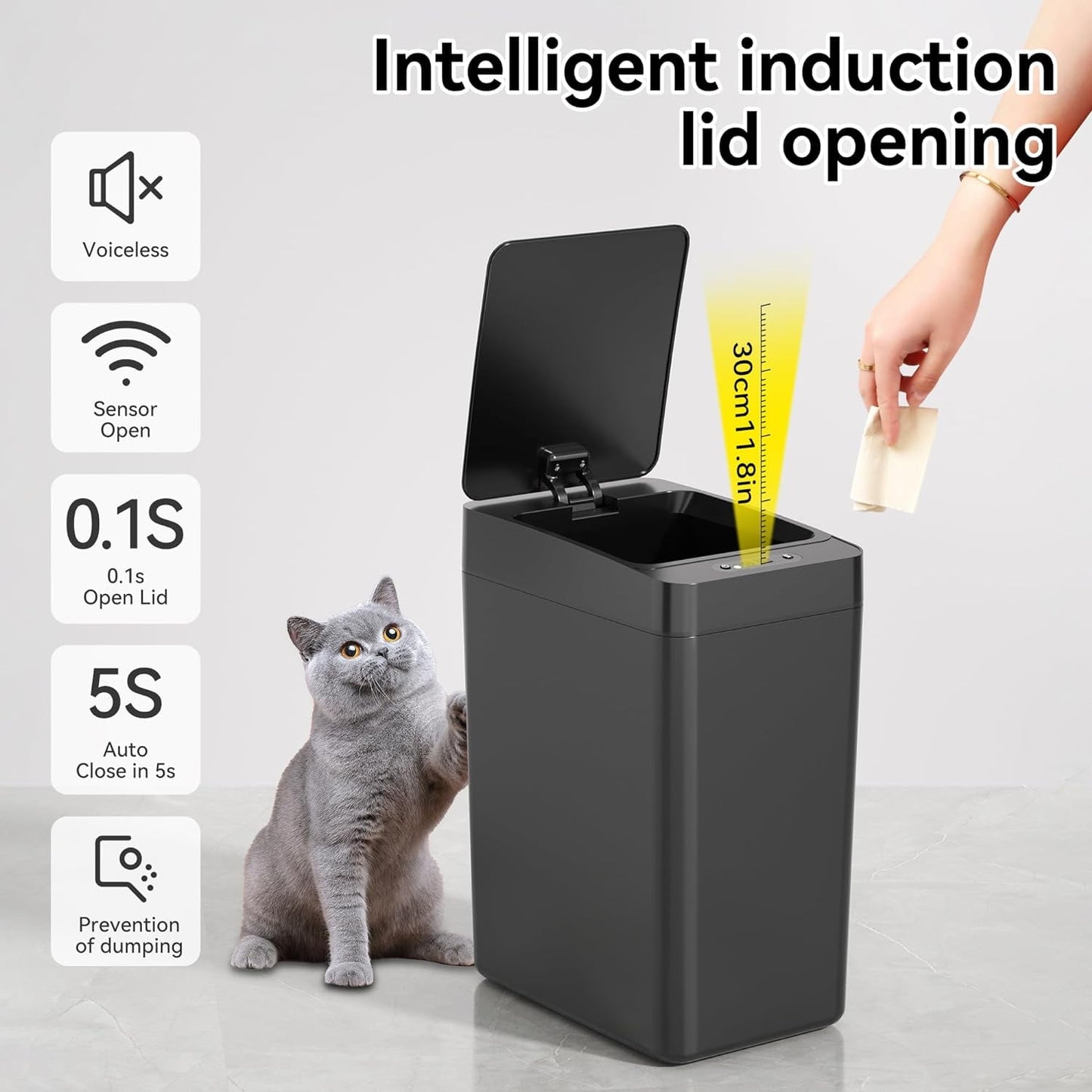 IRINNA 2Pack Bathroom Small Trash Can with Lid, 2.6 Gallon Touchless Automatic Garbage Can Slim Waterproof Motion Sensor Smart Trash Bin for Bedroom, Office, Kitchen, Living Room (Black)