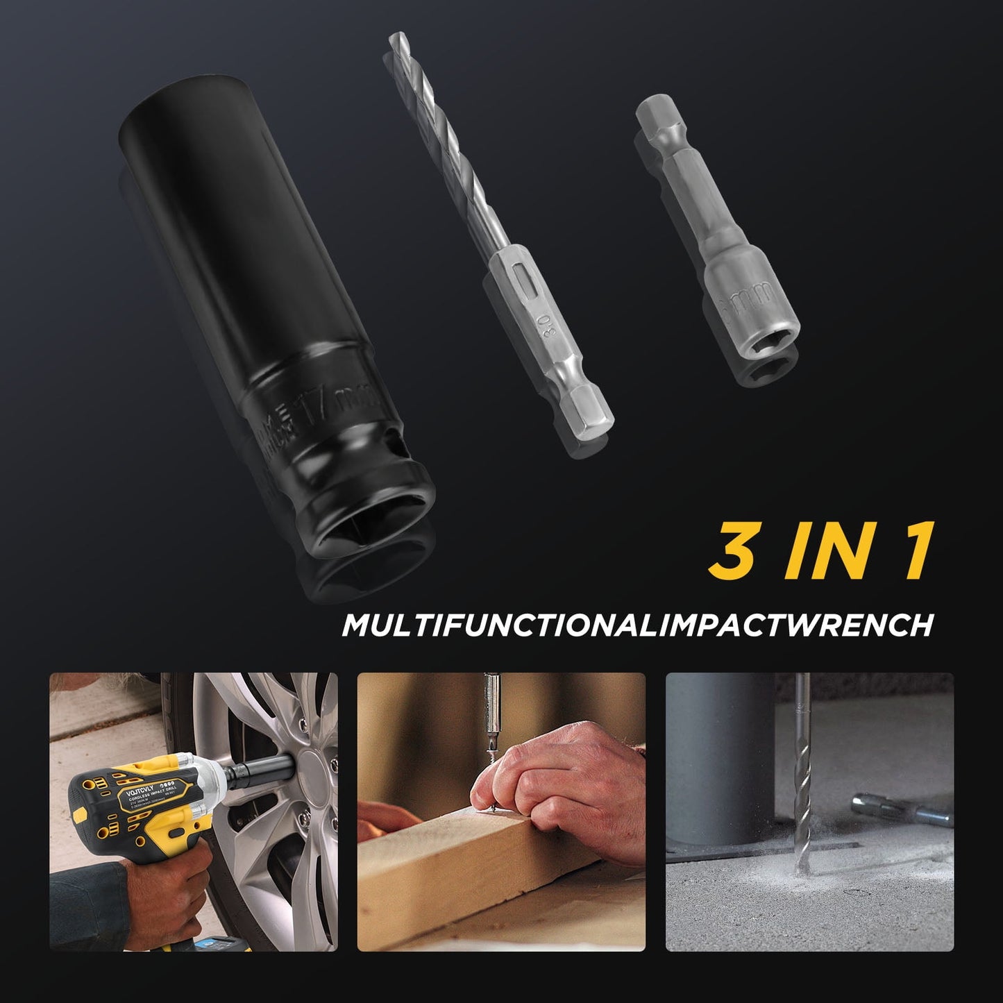 VQJTCVLY Brushless impact driver, 21V Cordless impact wrench 1/2 Inch, 2 × 4.0Ah impact drill tool set, 5 Sockets, 7 Drill, 6 Screws for Car Home Truck Mower Father Dad Husband, Yellow