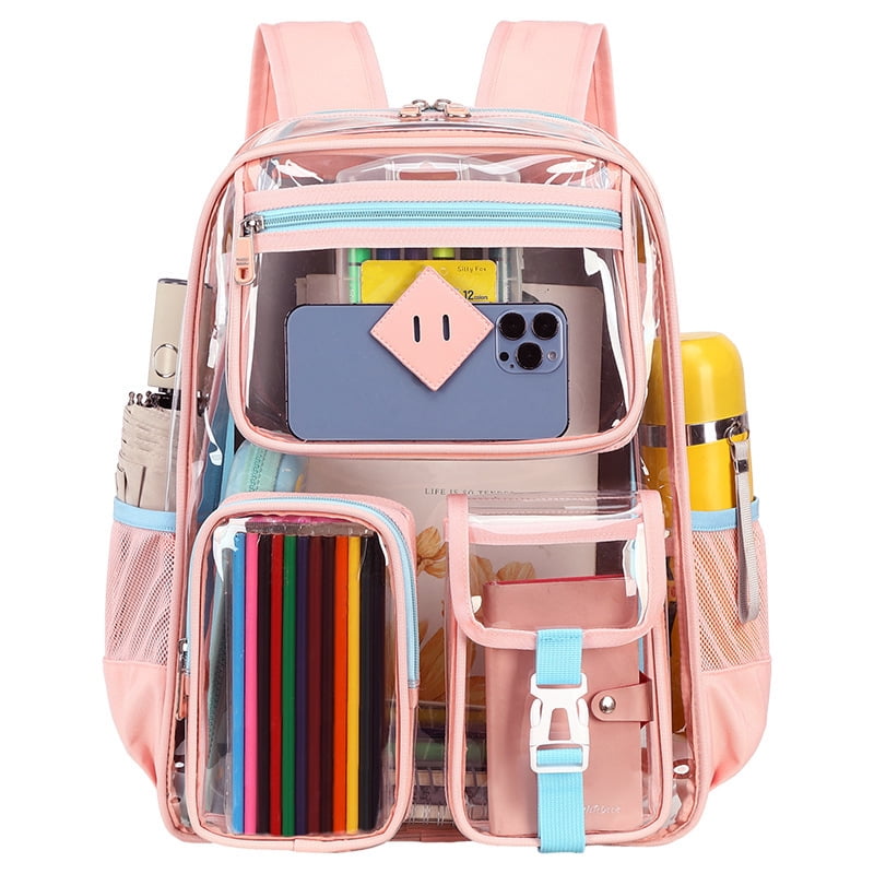 EHIW Clear Backpack for School,Heavy Duty PVC Transparent Bookbag for Women Stadium Approved See Through Backpack (Pink)